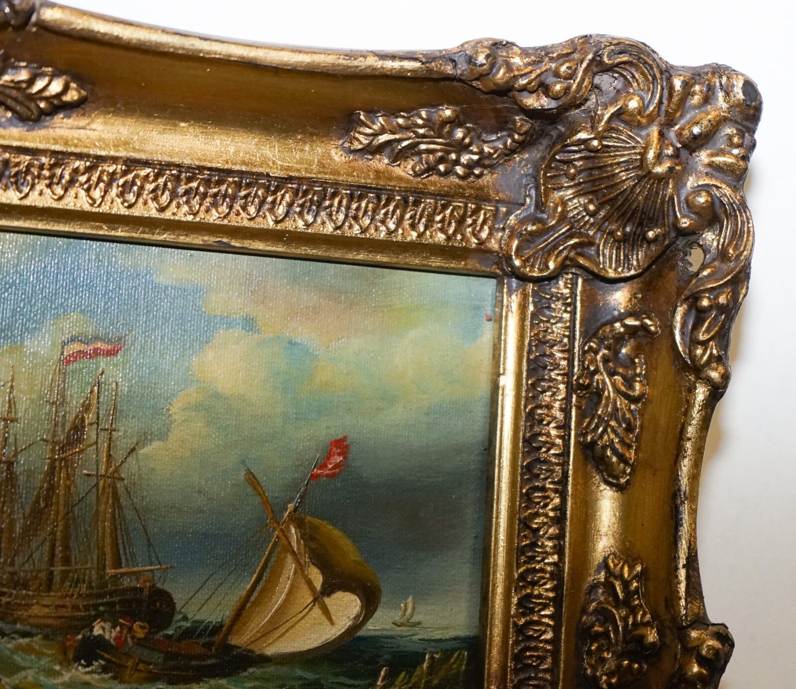 Fine Antique Early 20th Century Oil Painting Of French Ship Giltwood Frame photo 550.0