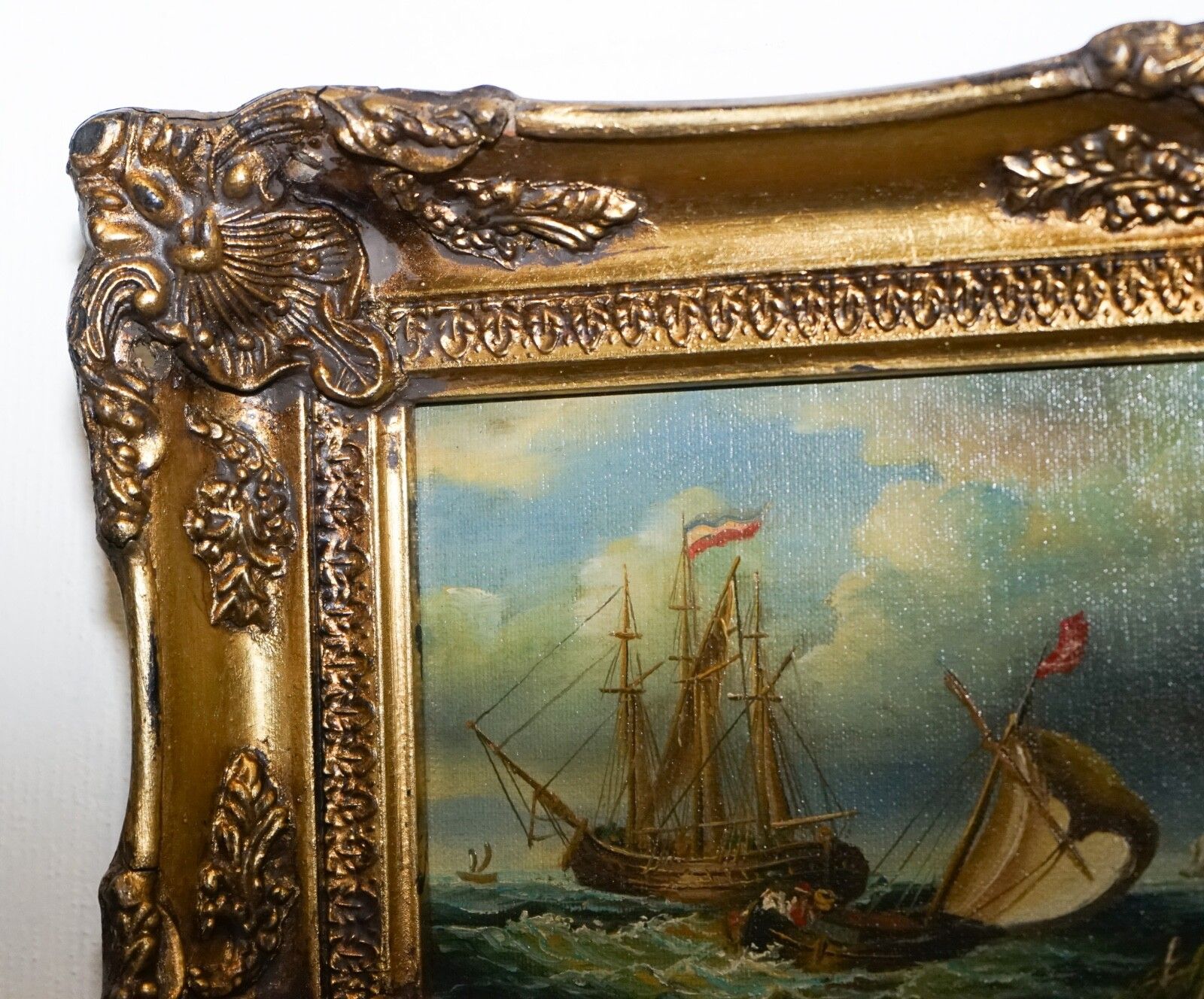 Fine Antique Early 20th Century Oil Painting Of French Ship Giltwood Frame photo vinterior