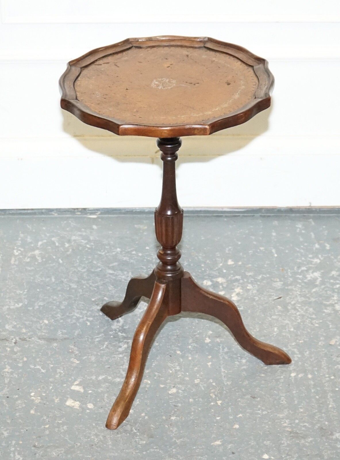 Lovely Vintage Brown Gold Leather Top Plant Wine Side Stand On Tripod Feet photo furniture