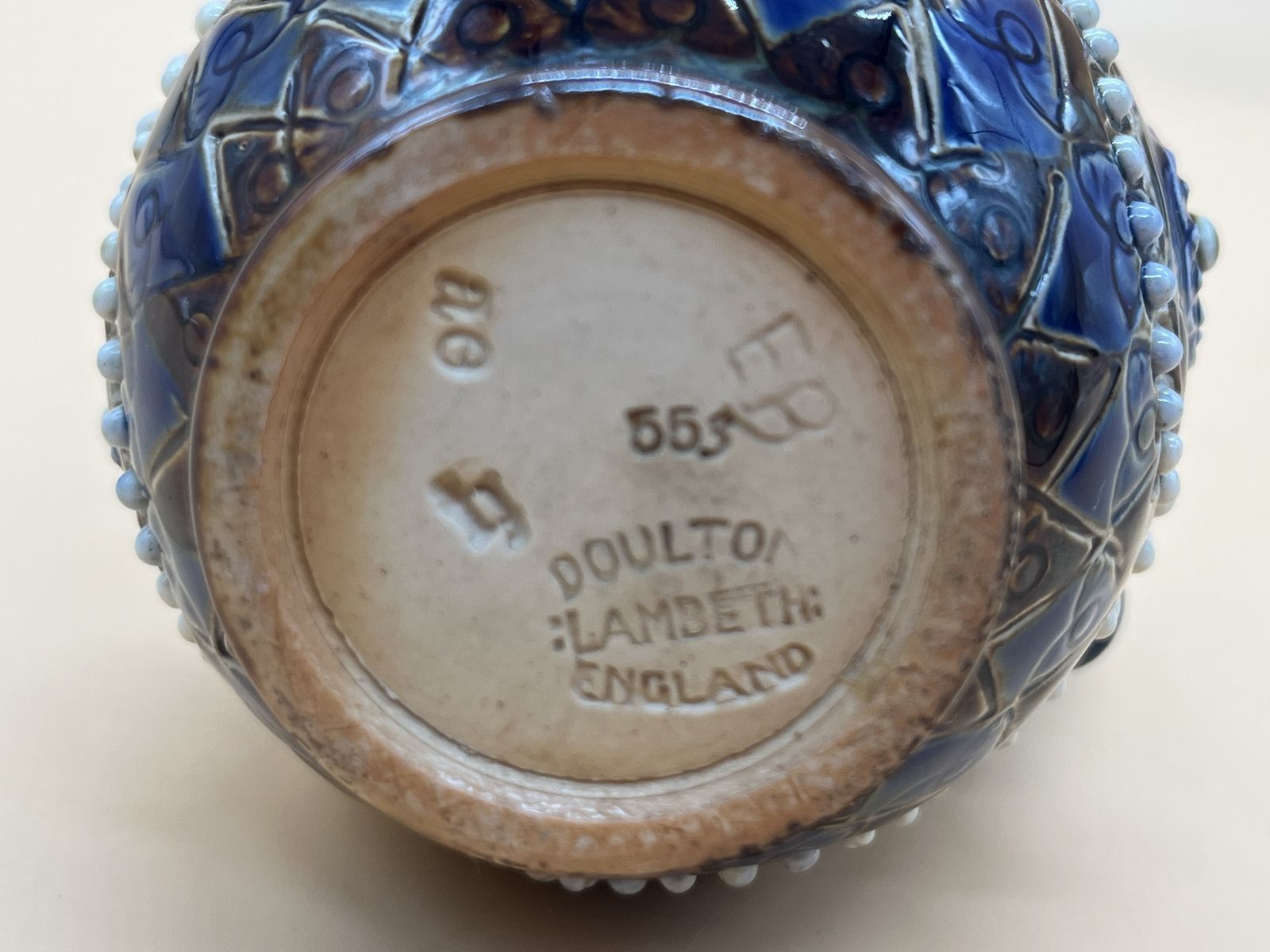 Antique Doulton Lambeth Pottery Ethel Beard Blue & Brown Jug. C1900. photo 95.0