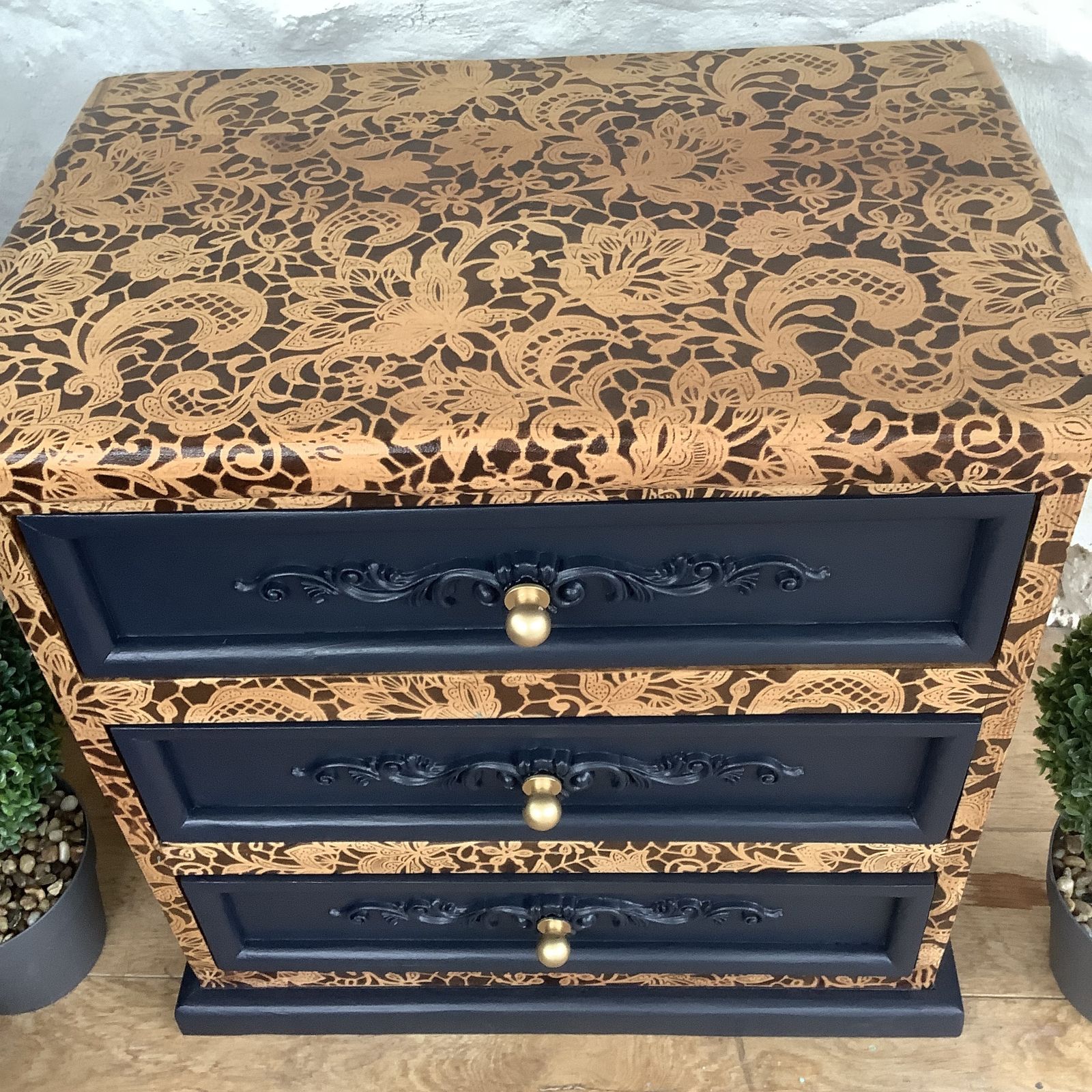 A Smaller Set Of Three Drawers With Navy Blue And Natural Wood With Stencilling Design. photo furniture