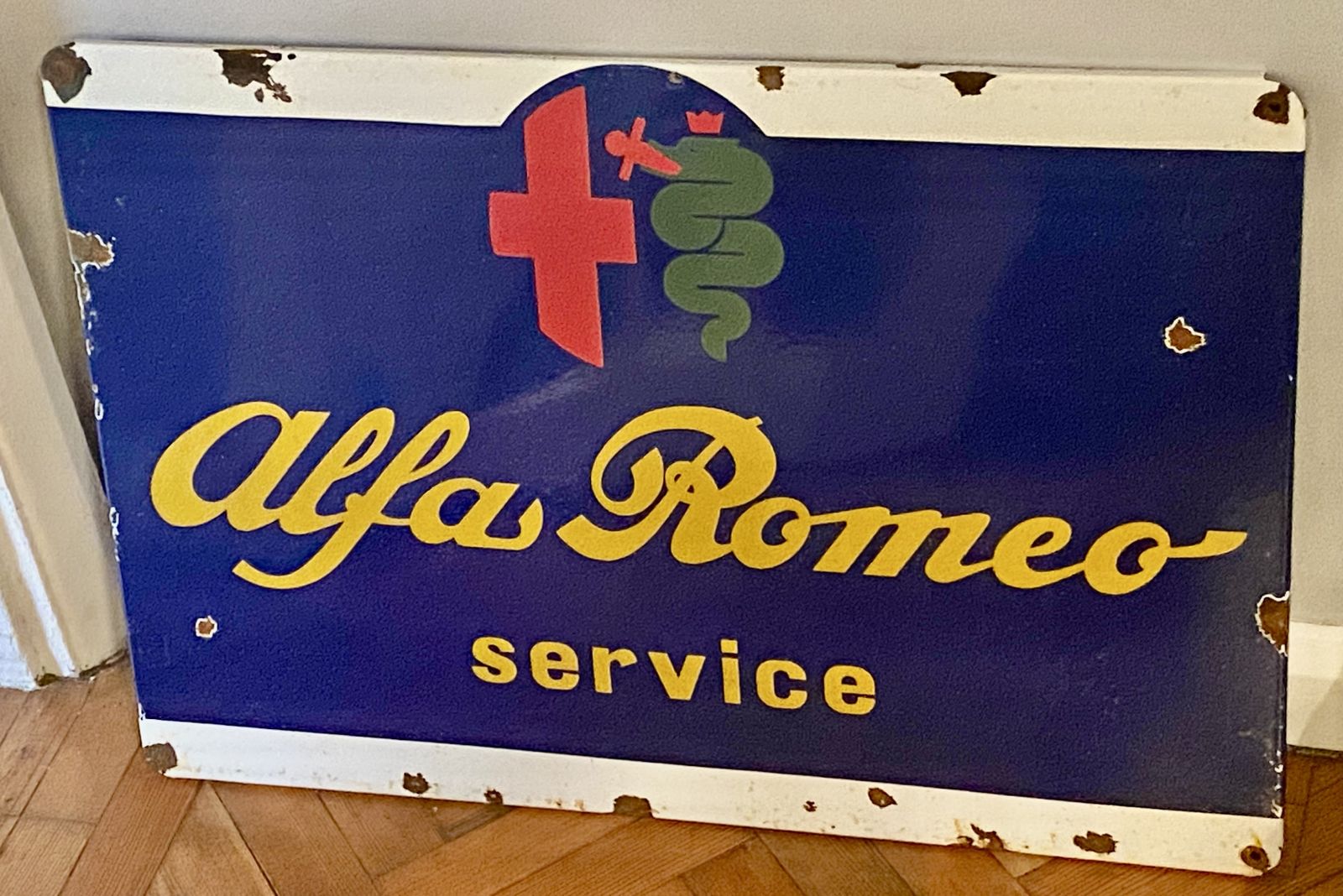 Large Alfa Romeo Enamel Metal Dealership Service Sign Garage Signage Auto Showroom Art Stelvio Giulia Quadrifoglio Alfa 33 156 147 Giulietta photo vintage