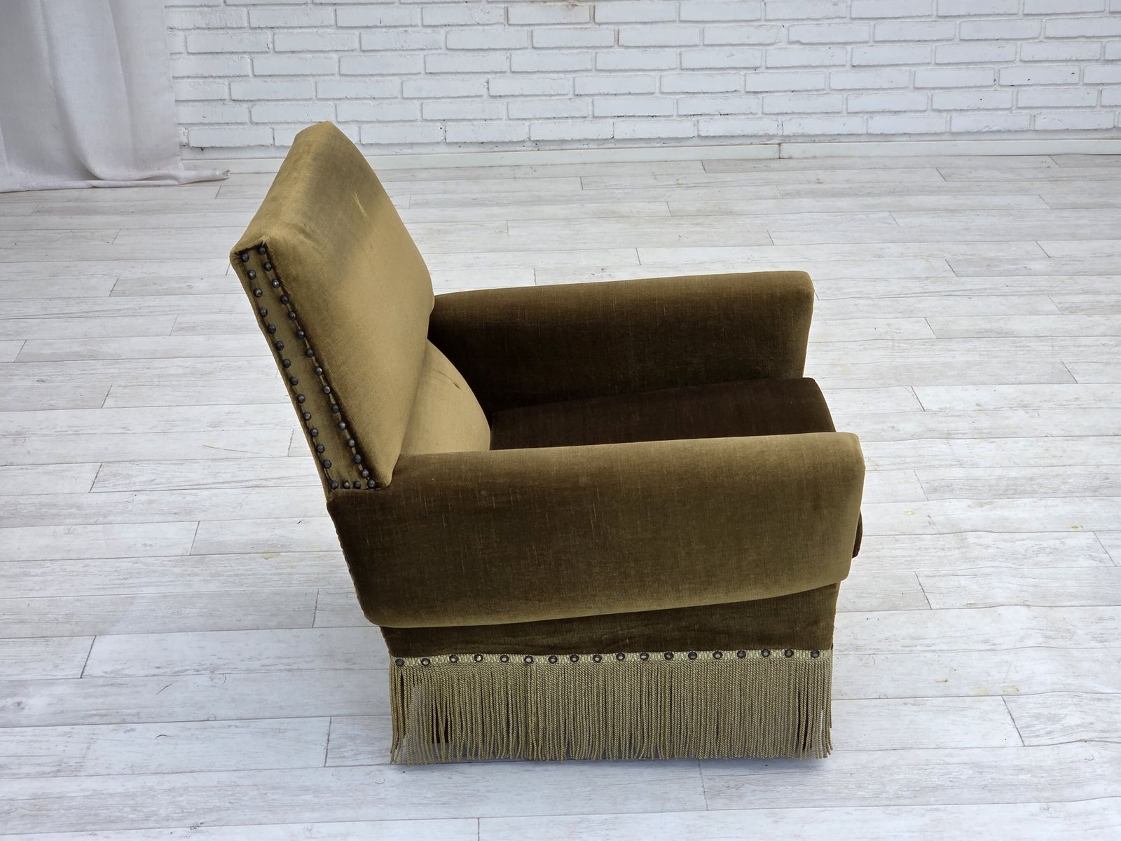 720.0 1970s, Danish Armchair, Green Furniture Velour, Ash Wood Legs. photo
