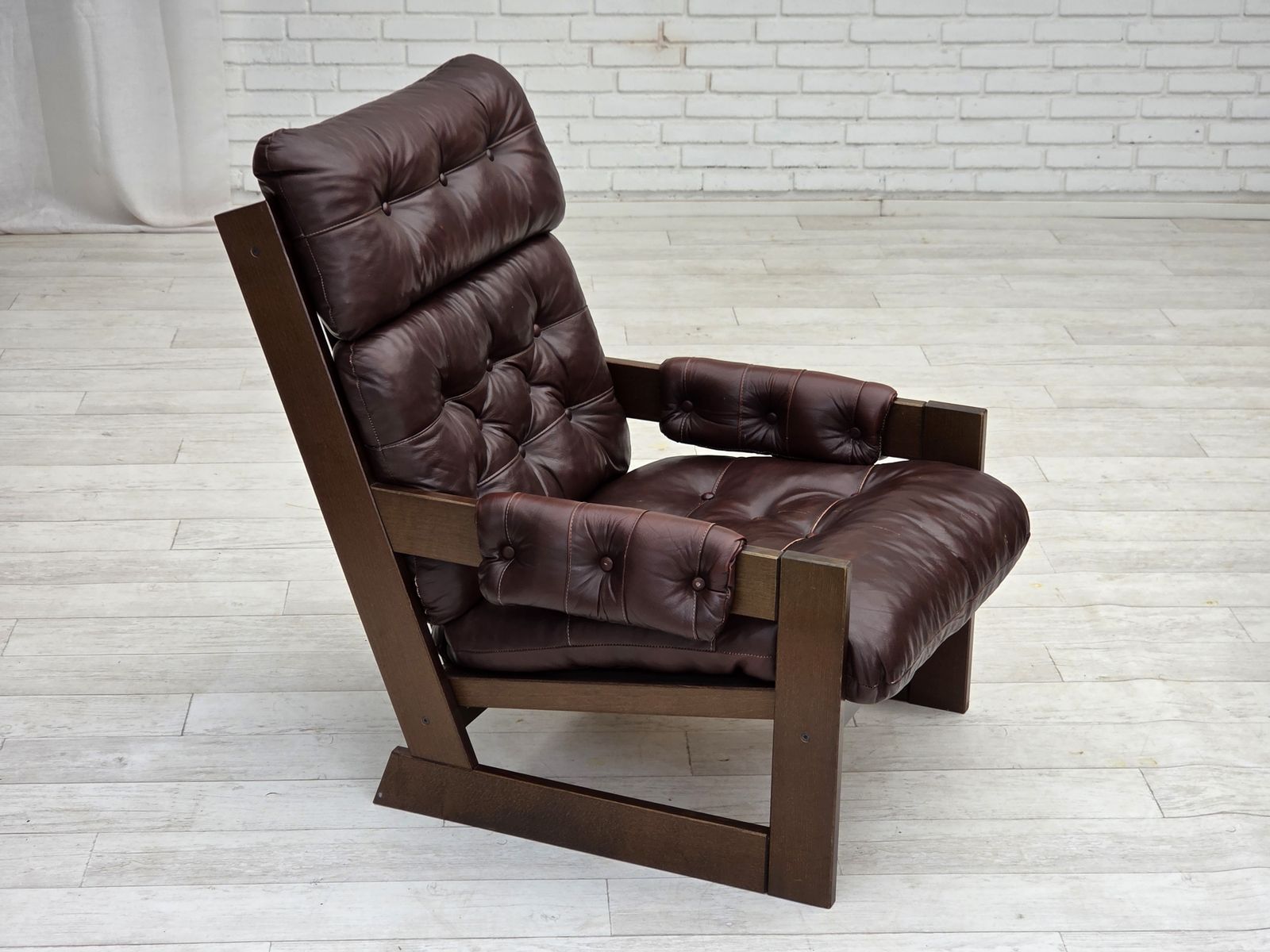 1970s, Scandinavian Highback Armchair, Brown Furniture Leather, Dark Beech Wood. photo for sale