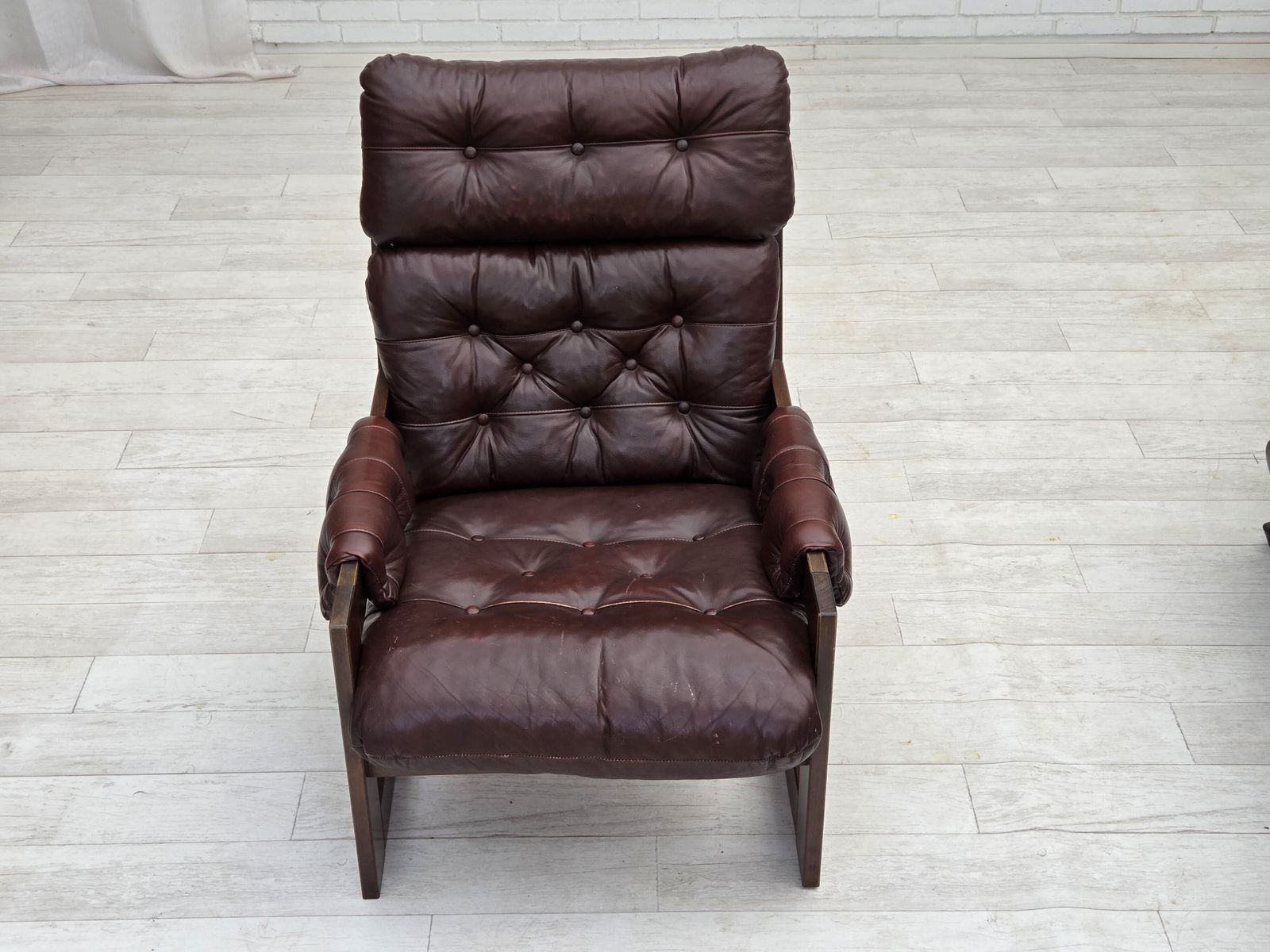 1970s, Scandinavian Highback Armchair, Brown Furniture Leather, Dark Beech Wood. photo 1370.0