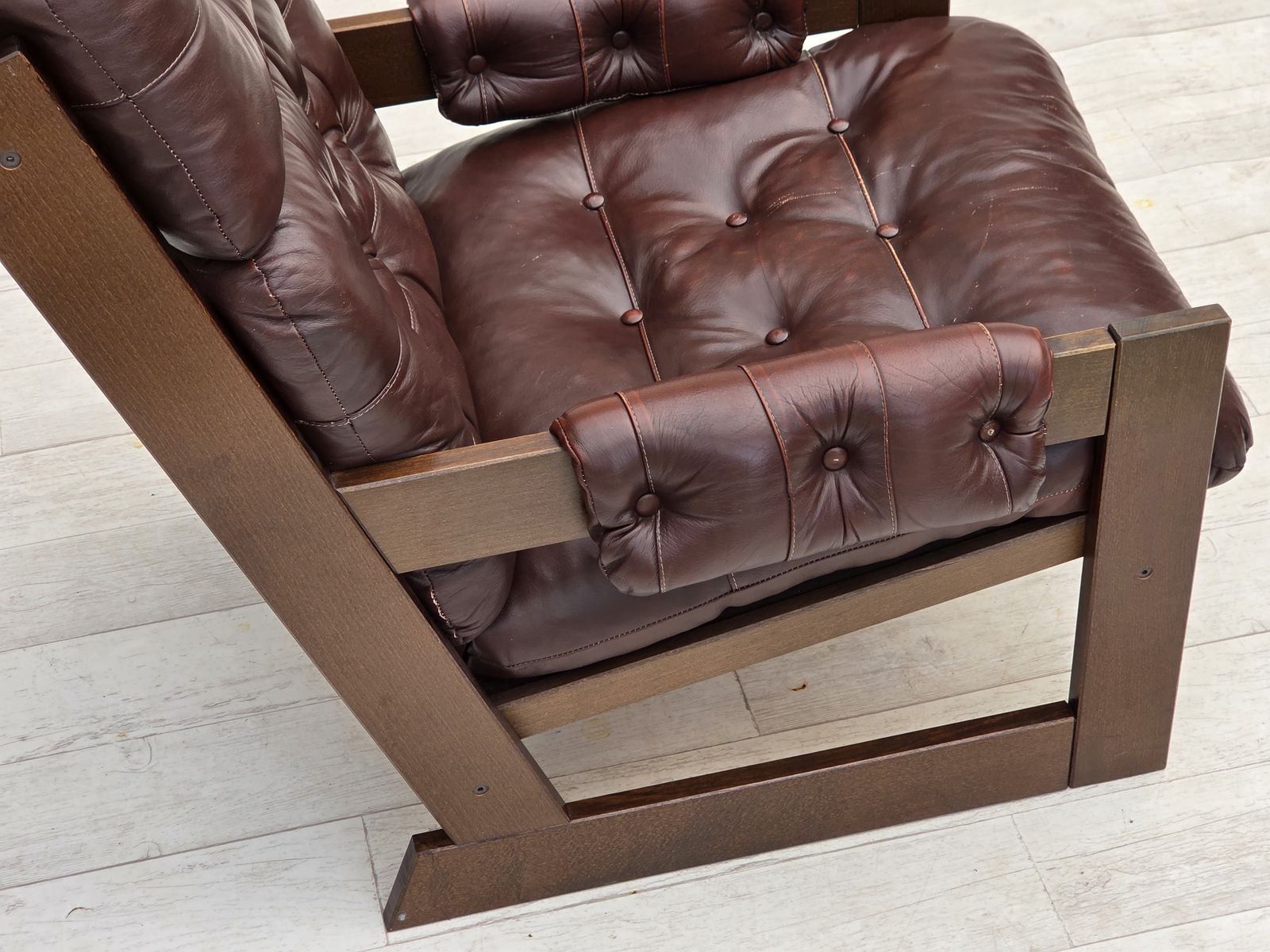 1970s, Scandinavian Highback Armchair, Brown Furniture Leather, Dark Beech Wood. photo buy