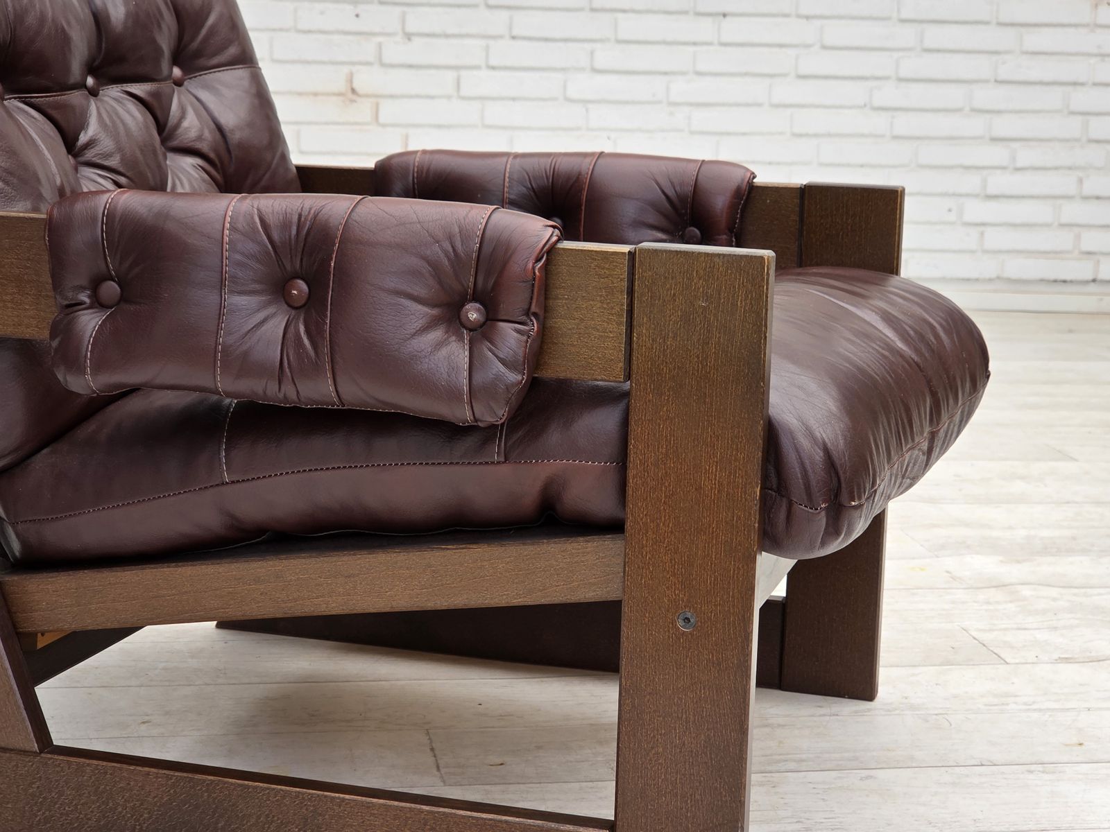 1970s, Scandinavian Highback Armchair, Brown Furniture Leather, Dark Beech Wood. photo vintage
