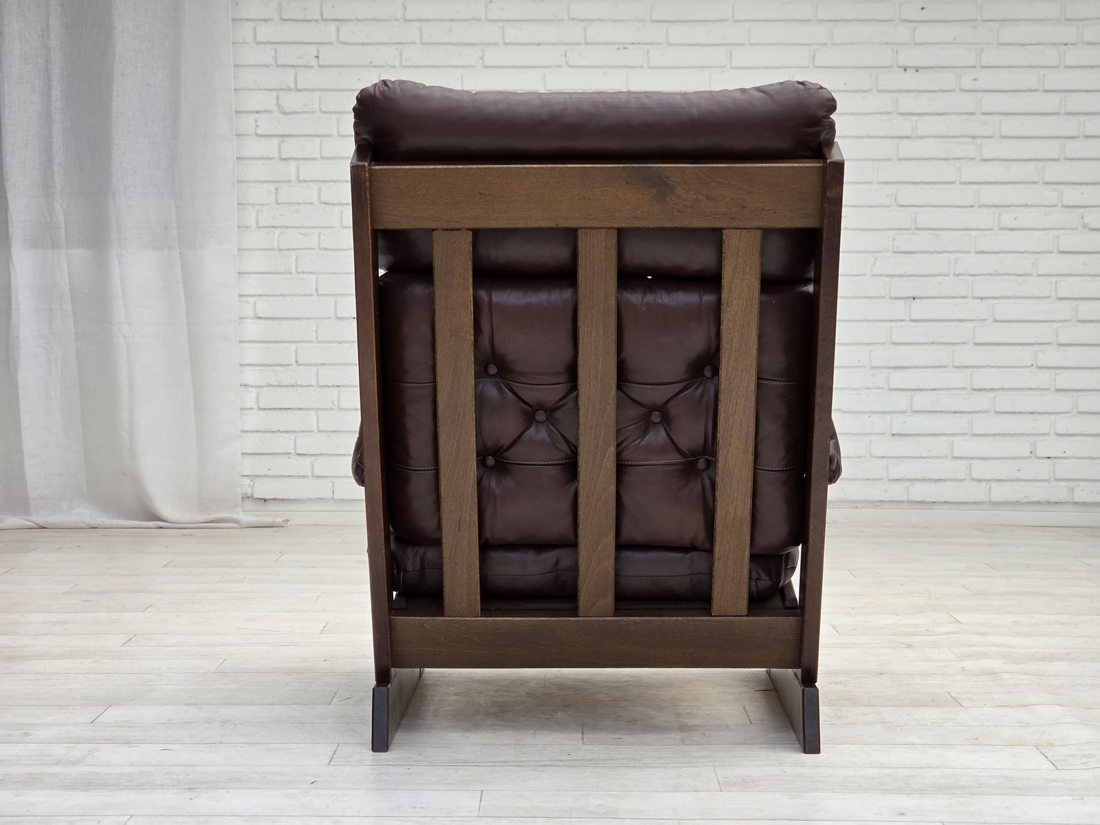 photo for sale 1970s, Scandinavian Highback Armchair, Brown Furniture Leather, Dark Beech Wood.