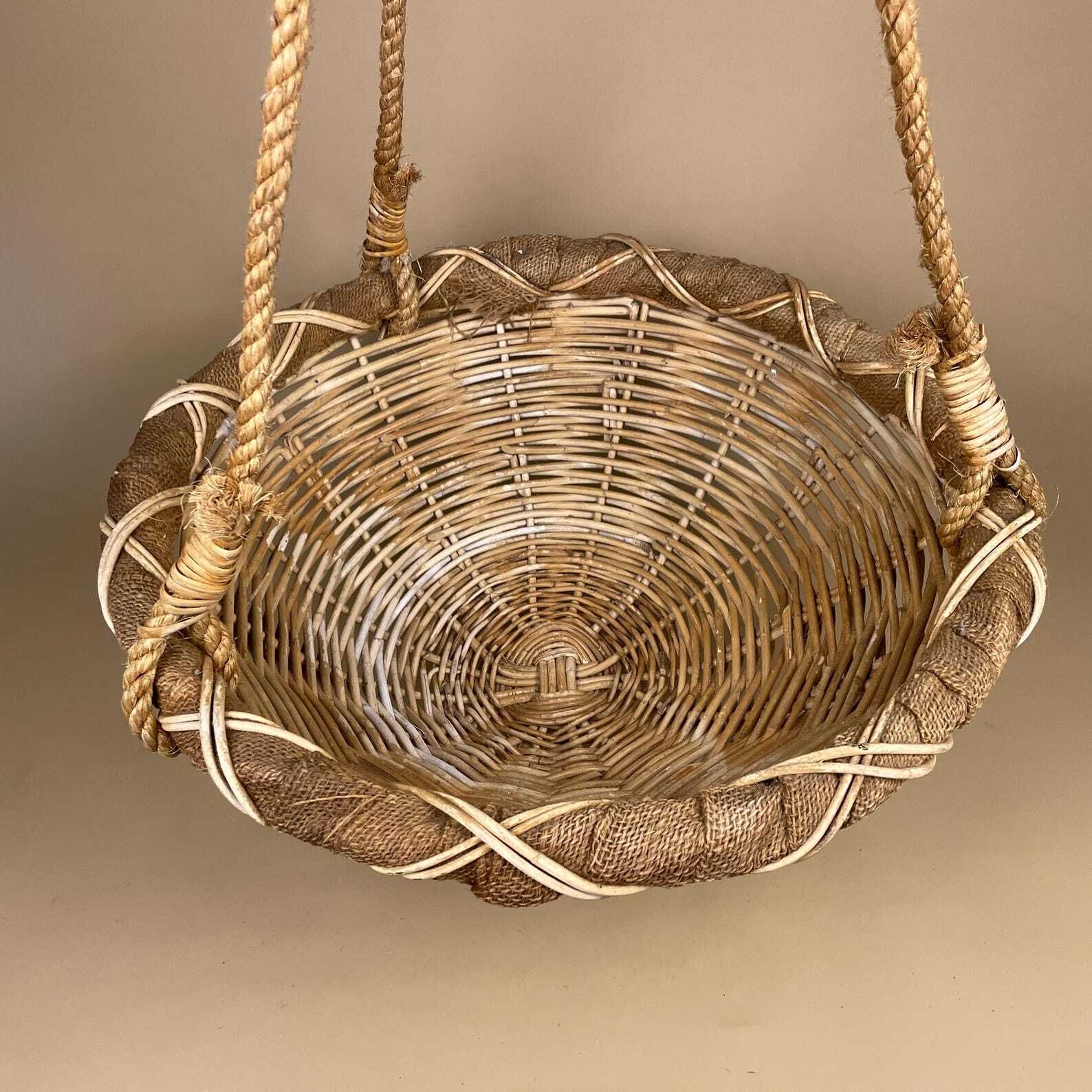 Indoor Hanging Planter Pot Round Handmade Vintage String Knotted Wicker Basket Vintage Boho Cottage Neutral Tones Rope Woven photo furniture