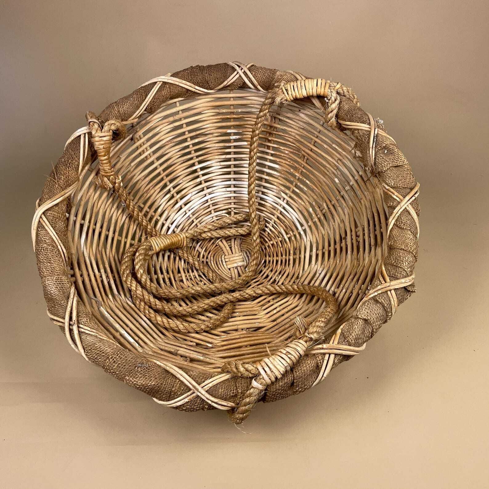 Indoor Hanging Planter Pot Round Handmade Vintage String Knotted Wicker Basket Vintage Boho Cottage Neutral Tones Rope Woven photo for sale