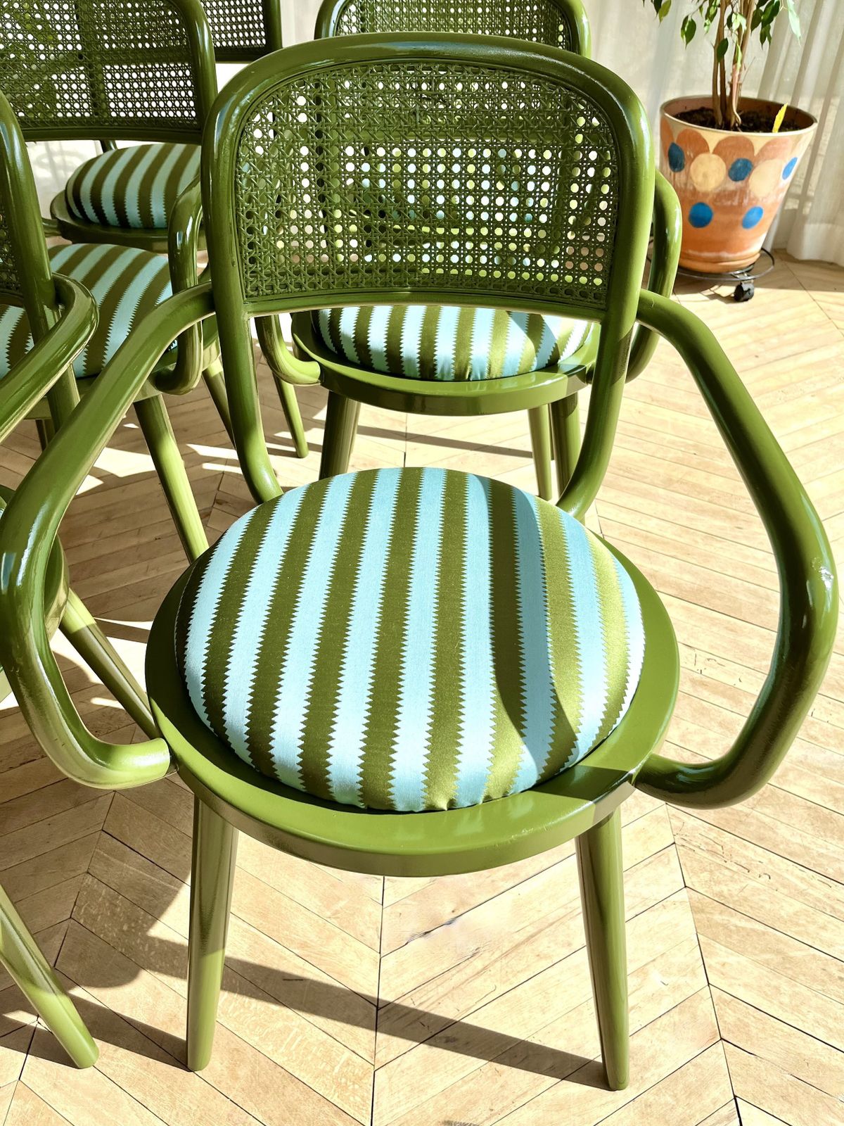 Upholstered Set Of Six 1980s Italian Bistro Bentwood & Cane Green Lacquered Chairs photo buy