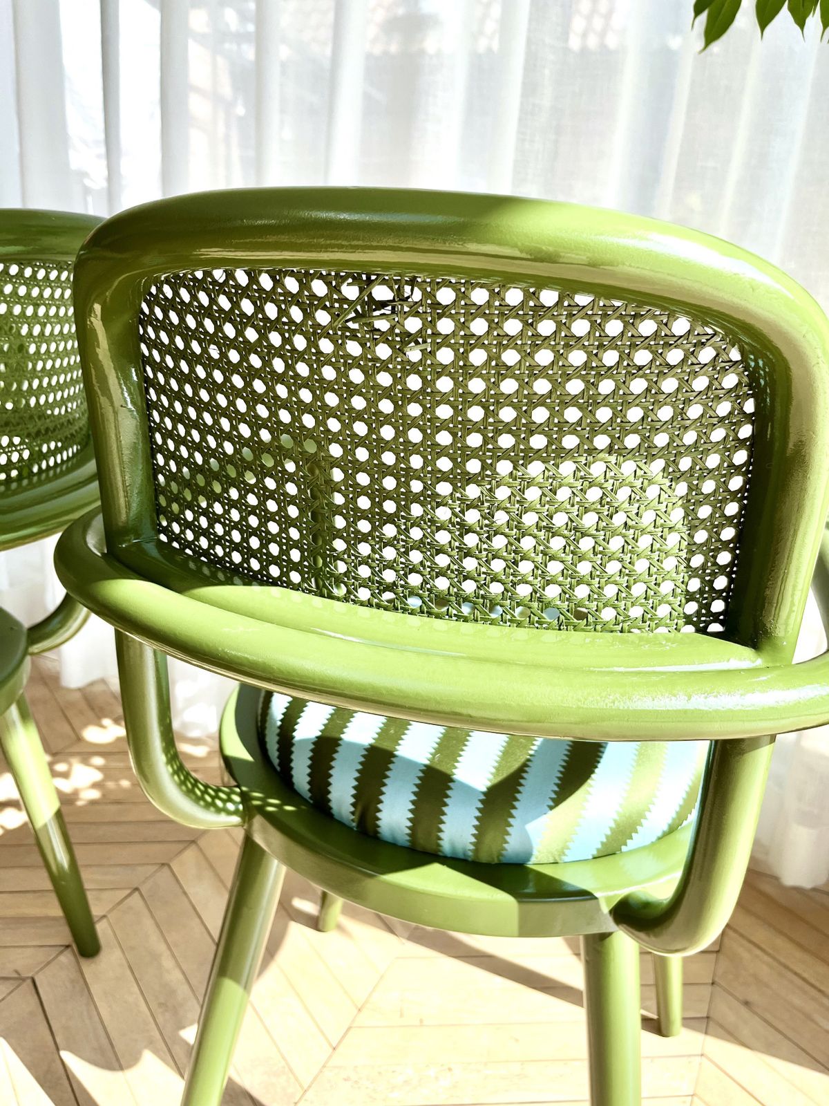 2625.0 Upholstered Set Of Six 1980s Italian Bistro Bentwood & Cane Green Lacquered Chairs photo