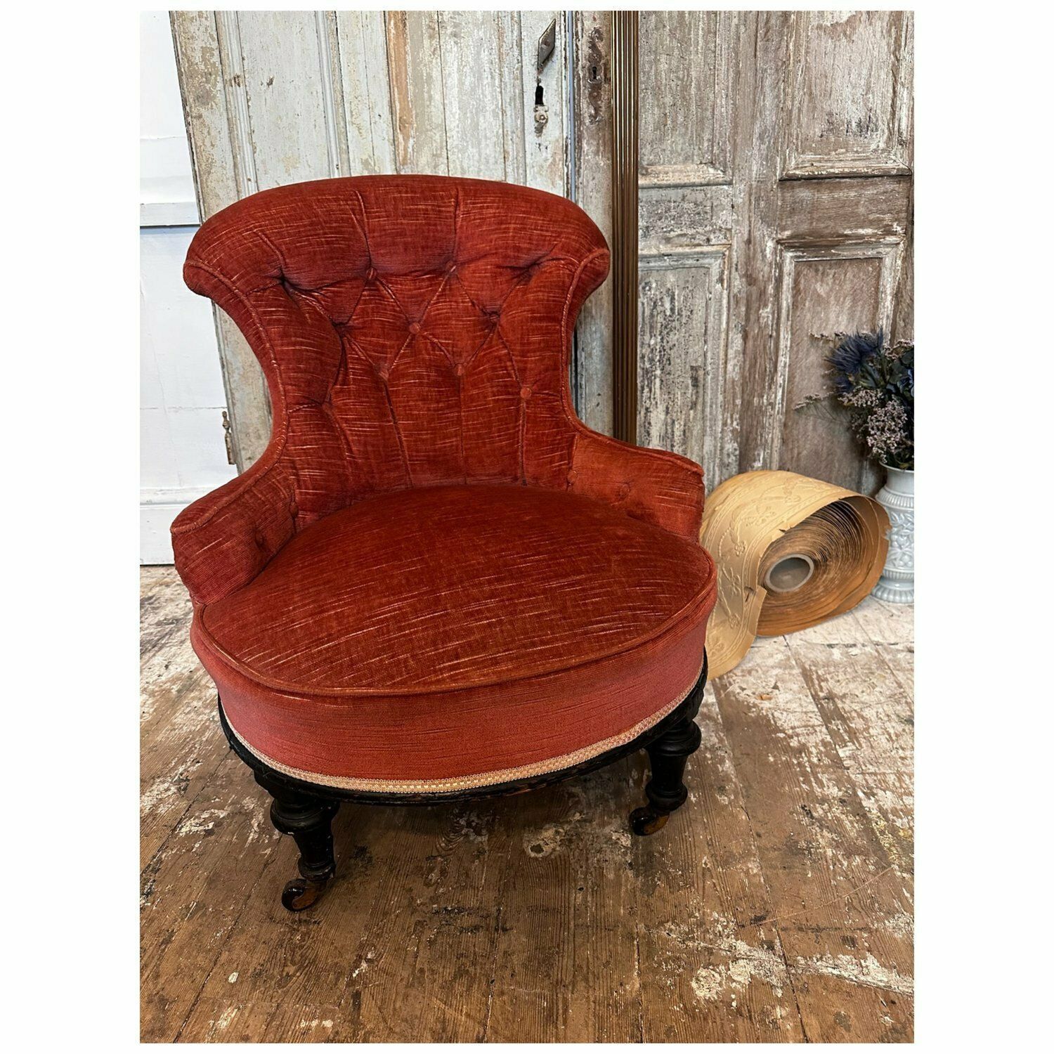 Antique Petite English Victorian Nursing Chair W/ Button Back Upholstery