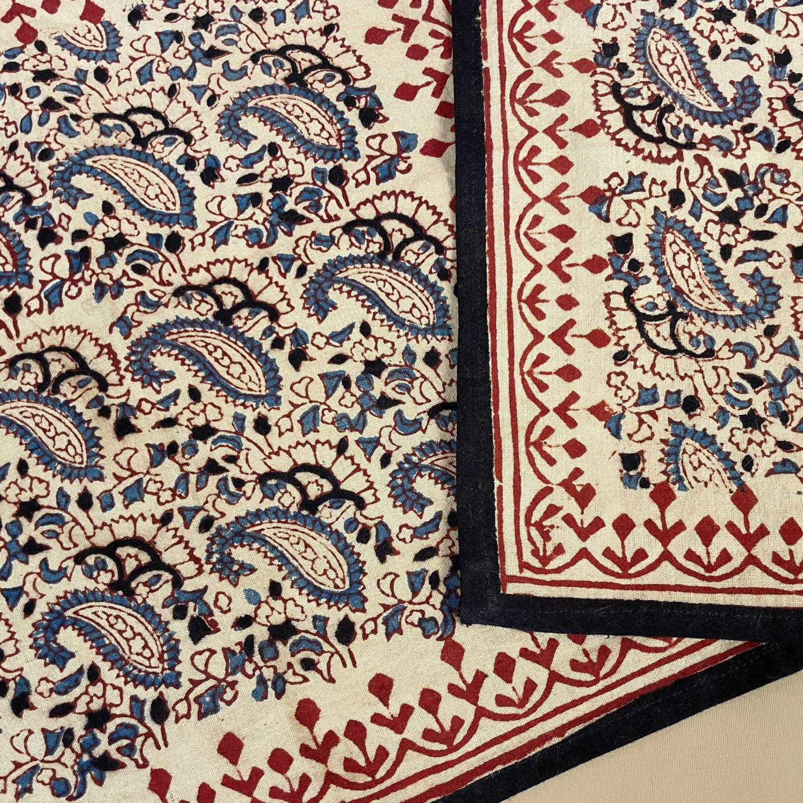 2x Vintage Indian Printed Cloth Fabric Red Blue Paisley Old Tapestry Handmade Craft India Traditional Decorative Table Display Mat Square photo Home Decor