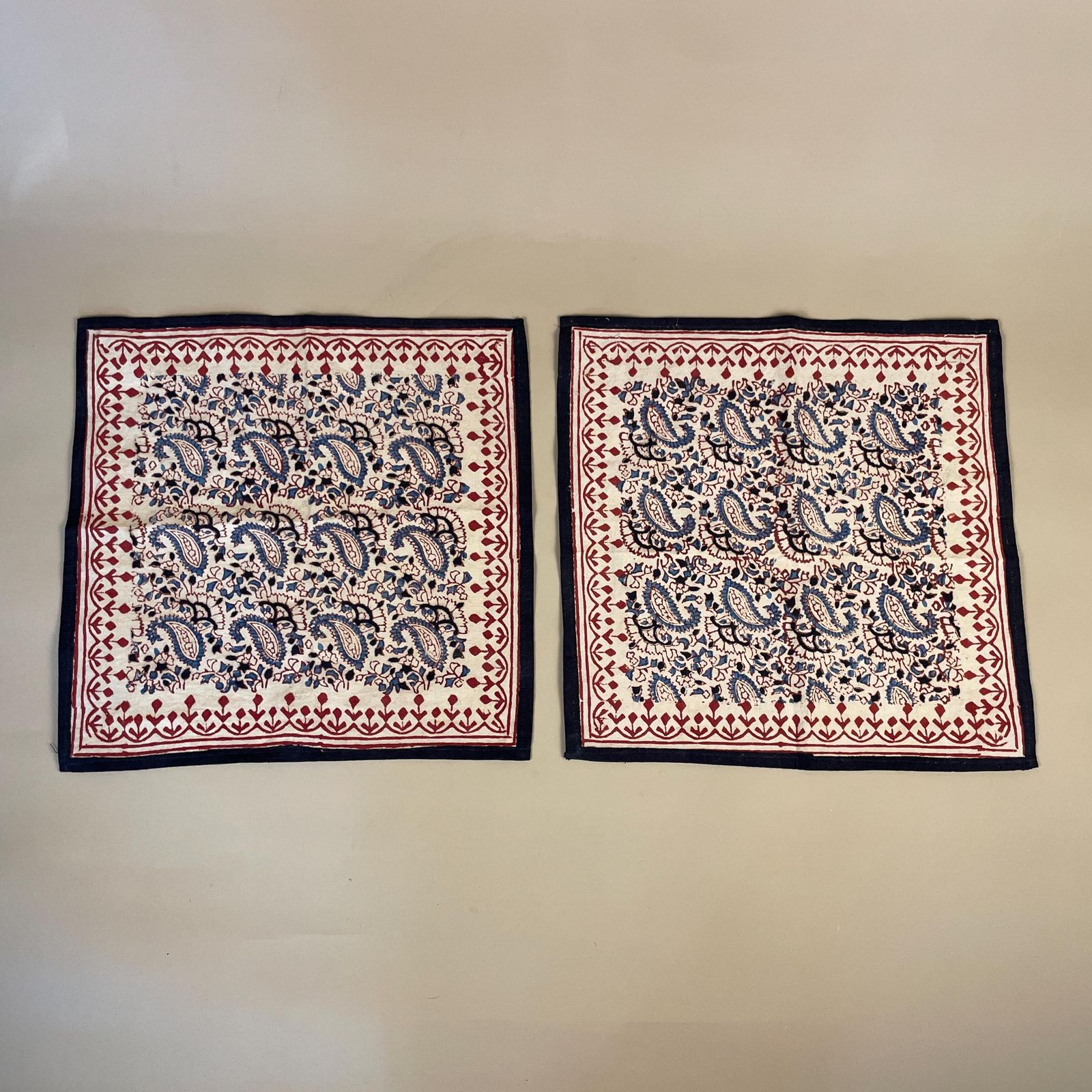 2x Vintage Indian Printed Cloth Fabric Red Blue Paisley Old Tapestry Handmade Craft India Traditional Decorative Table Display Mat Square photo buy
