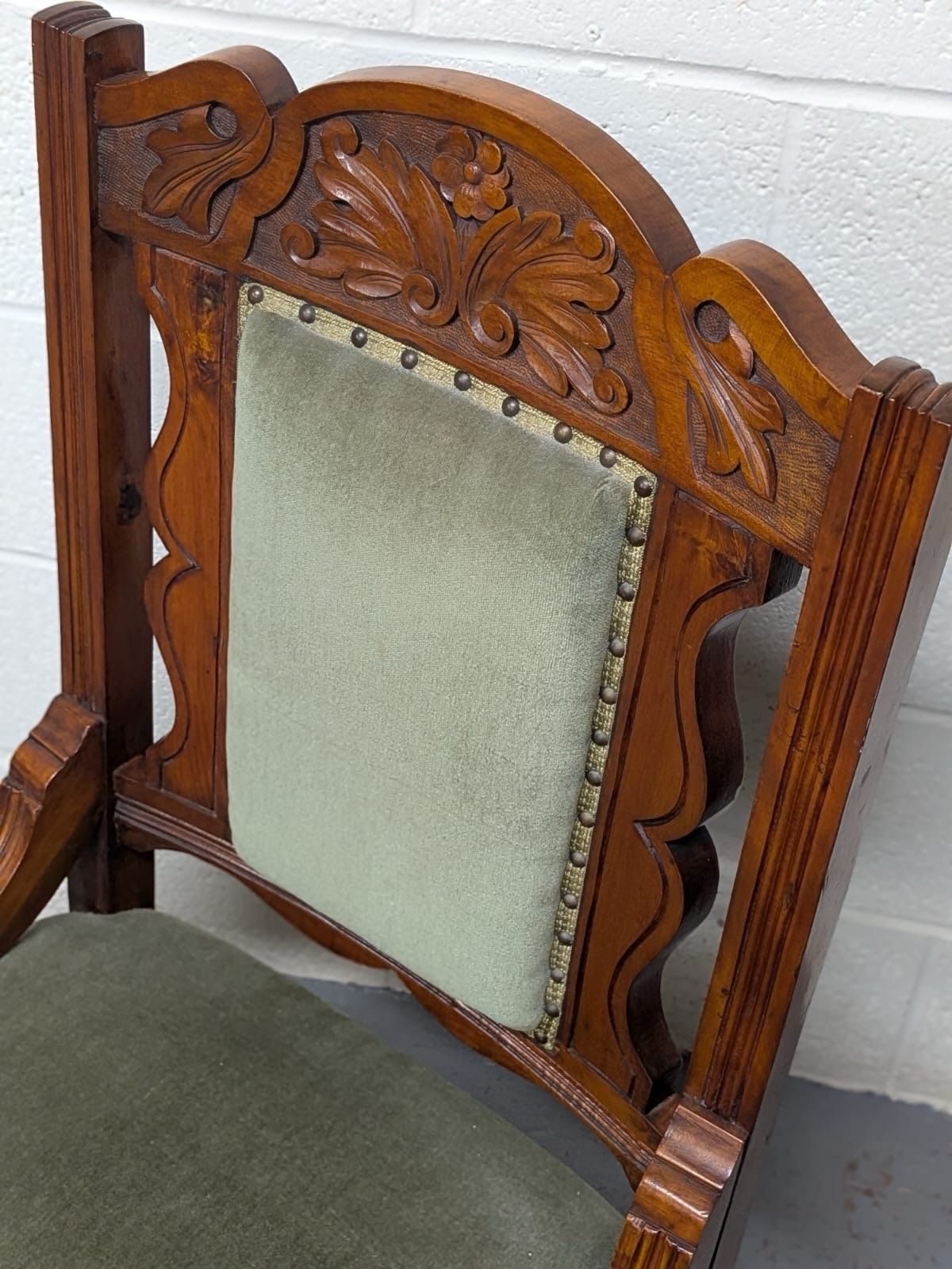 Edwardian Satin Walnut Green Upholstered Large Fireside/Nursing Chair photo vintage