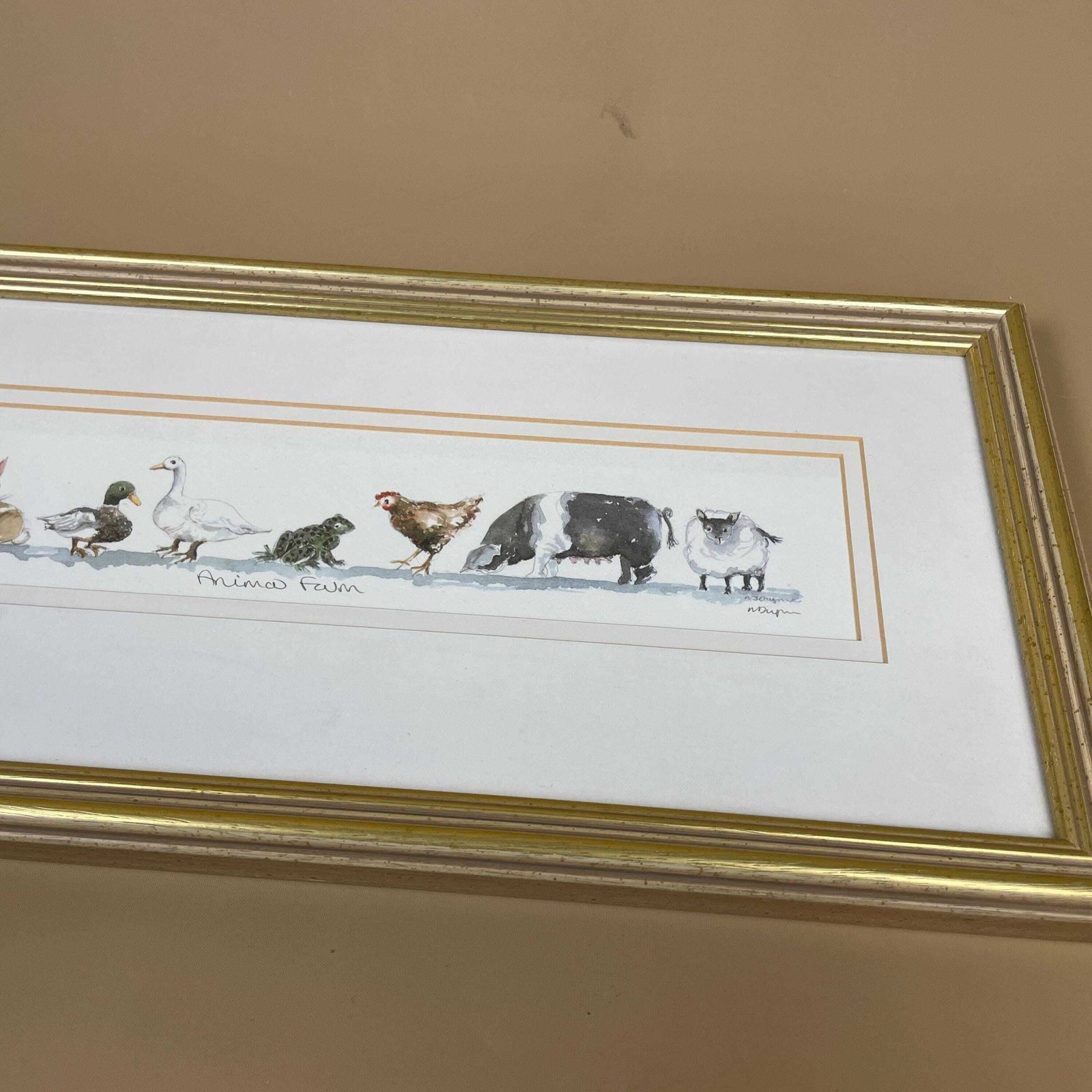 Animal Farm Artwork Watercolour Painting Original Art Gold Wood Frame Landscape Mounted Childrens Room Farm Picture Farm Animals photo for sale