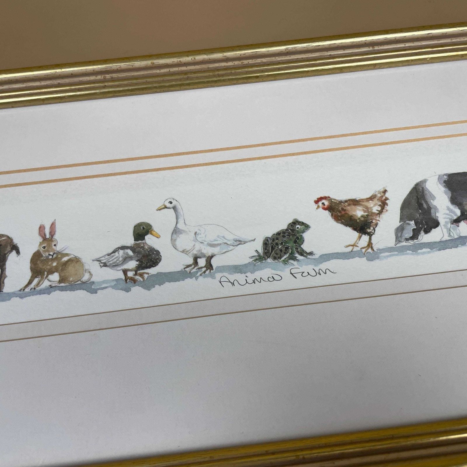 Animal Farm Artwork Watercolour Painting Original Art Gold Wood Frame Landscape Mounted Childrens Room Farm Picture Farm Animals photo Art