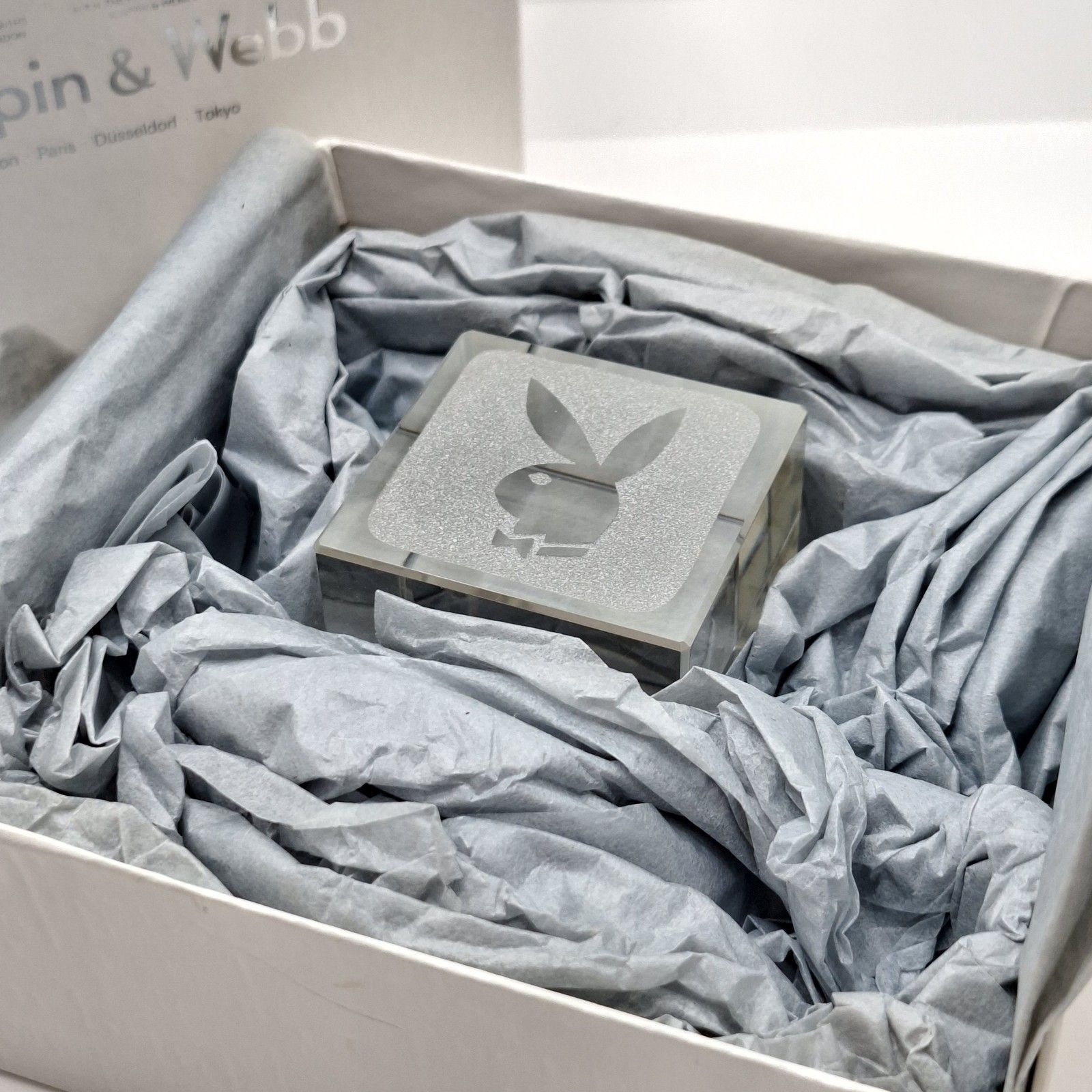photo furniture Mappin & Webb Playboy Club Paperweight Engraved Bunny Crystal Glass Boxed 1970s