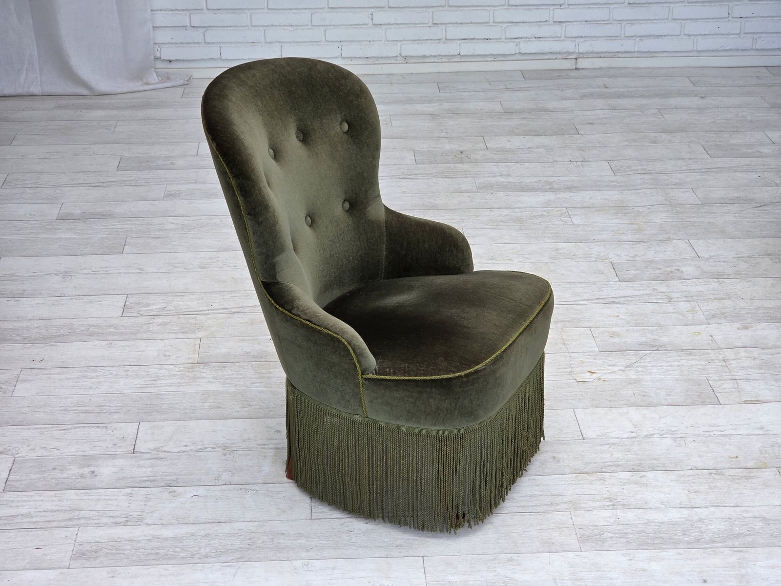 1970s, Danish Side Chair, Green Furniture Velour, Beech Wood Legs. photo furniture