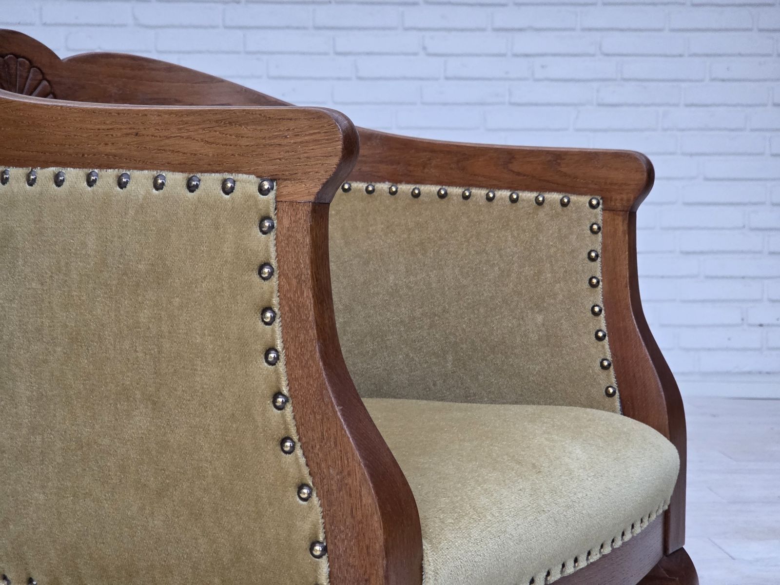 1960s, Danish Side/Children's Armchair, Light Green Furniture Velour, Oak Wood. photo vinterior