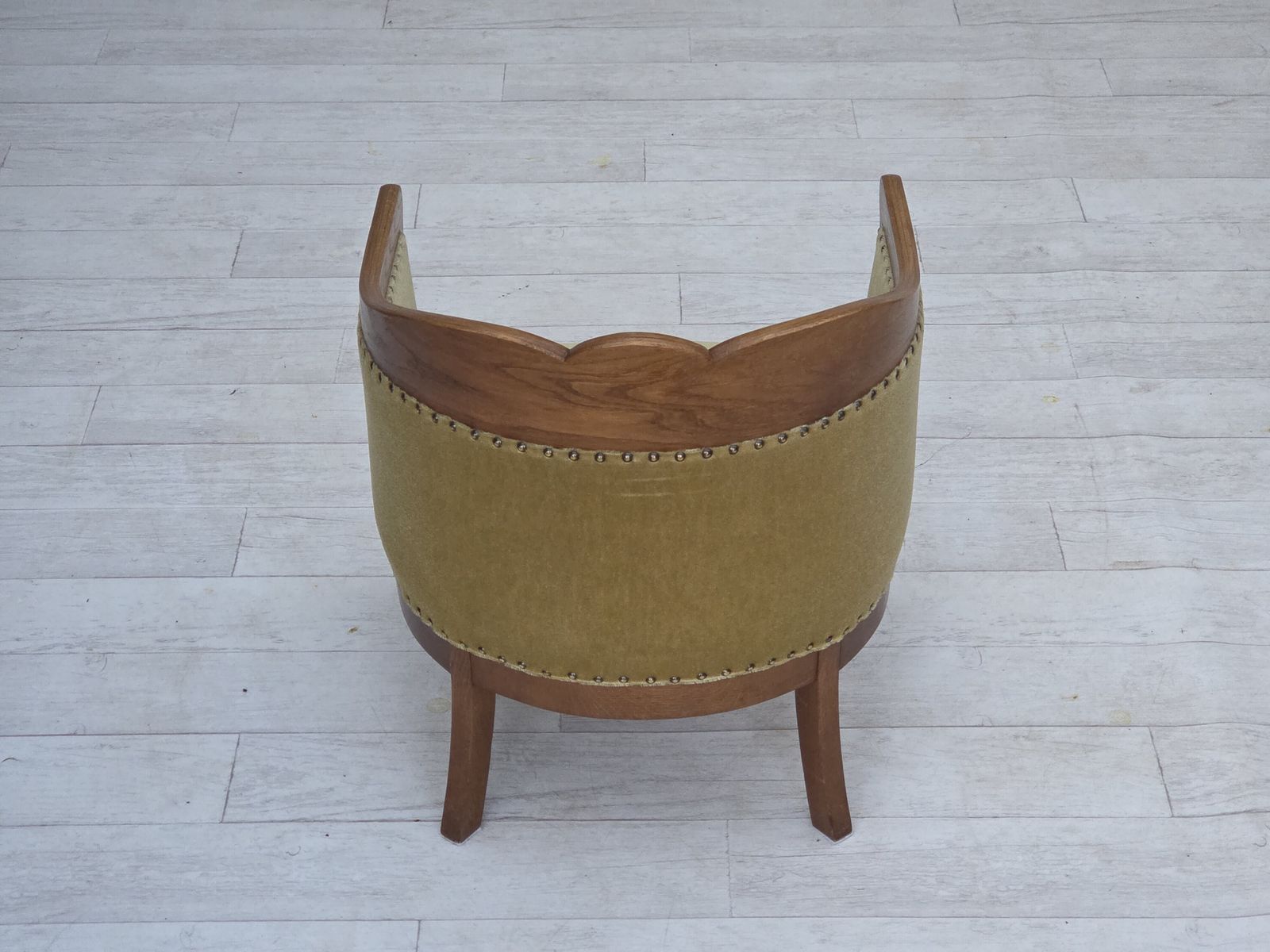690.0 1960s, Danish Side/Children's Armchair, Light Green Furniture Velour, Oak Wood. photo