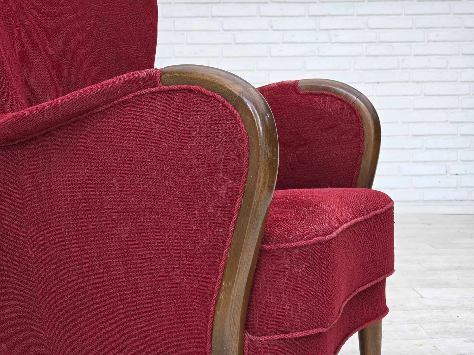 1960s, Danish Armchair, Original Condition, Wool Fabric, Beech Wood Legs. photo furniture