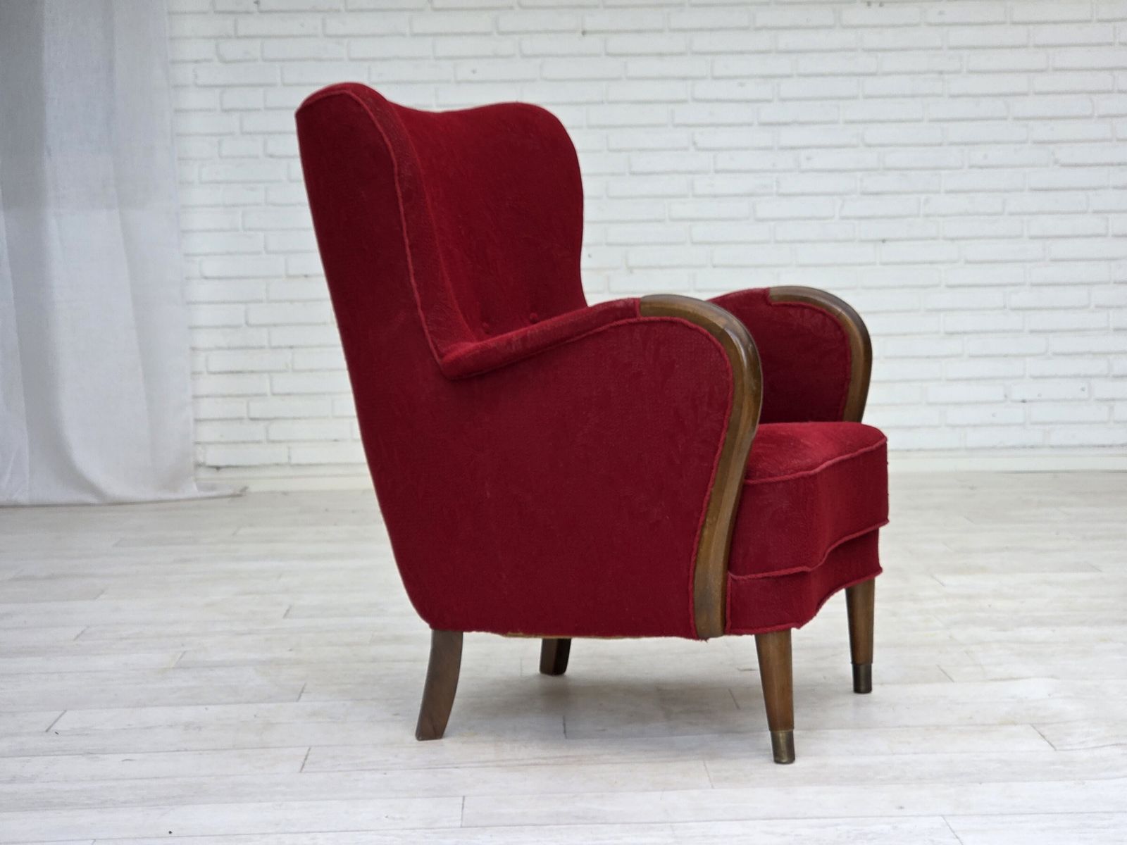 1960s, Danish Armchair, Original Condition, Wool Fabric, Beech Wood Legs. photo for sale