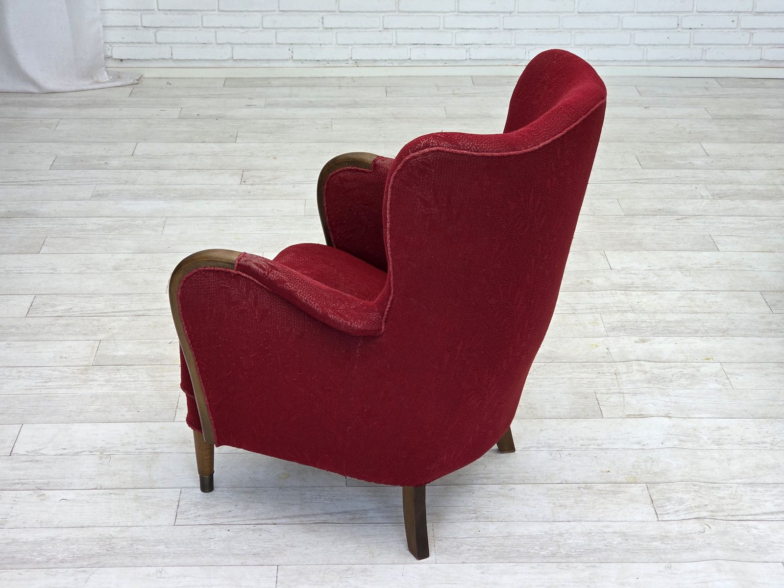 Furniture 1960s, Danish Armchair, Original Condition, Wool Fabric, Beech Wood Legs. photo
