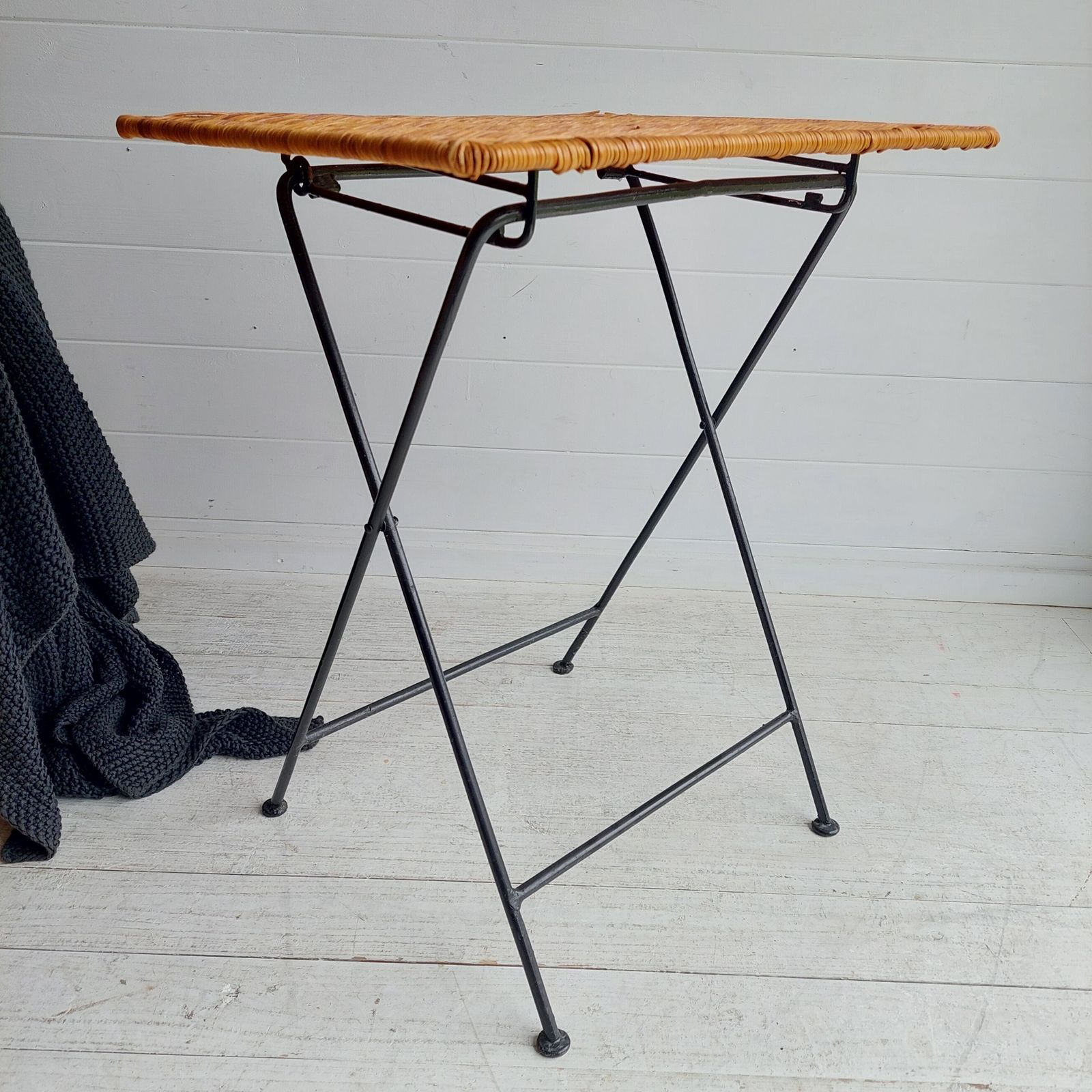 photo buy Mid Century Vintage Metal Iron And Wicker Rattan Folding Side  End  Bistro Table France  50s