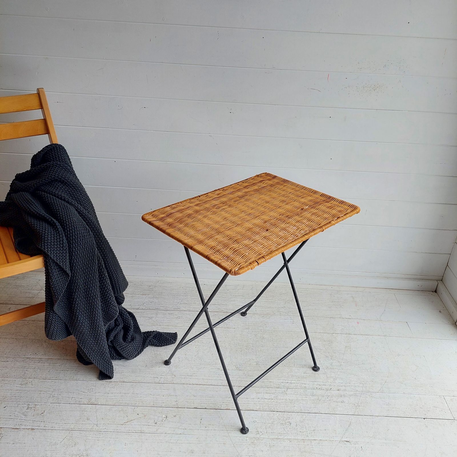 170.0 Mid Century Vintage Metal Iron And Wicker Rattan Folding Side  End  Bistro Table France  50s photo