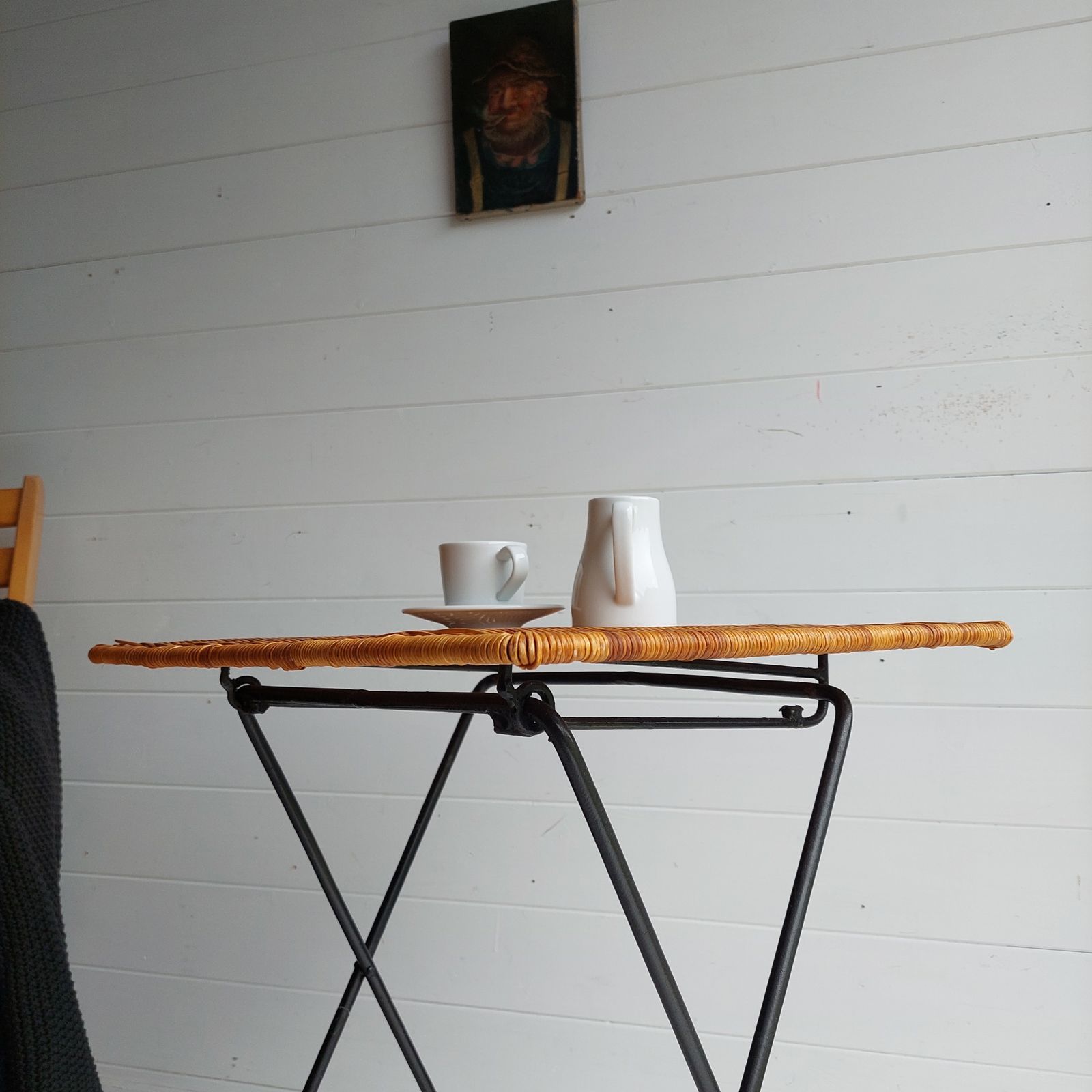 photo furniture Mid Century Vintage Metal Iron And Wicker Rattan Folding Side  End  Bistro Table France  50s