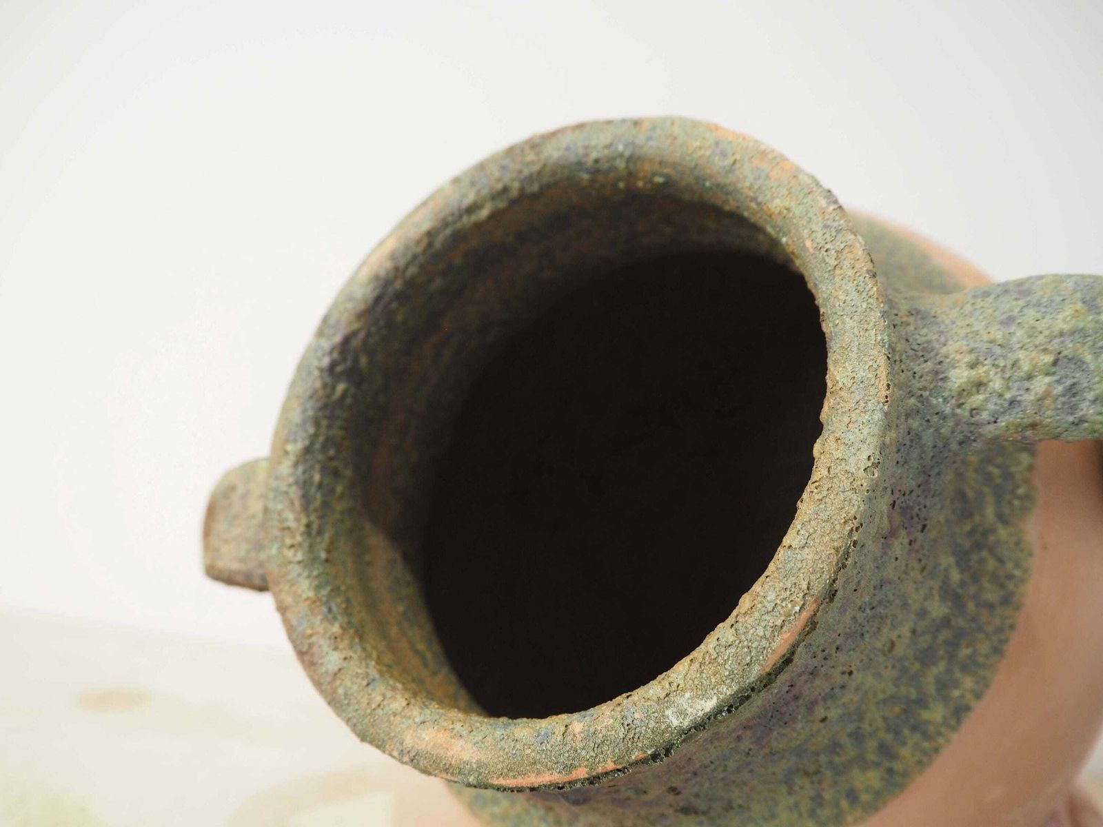 Vintage Antique Terracotta Turkish Green Glazed Handle Pot / Olive Jar / Green Glazed Rim photo 65.0
