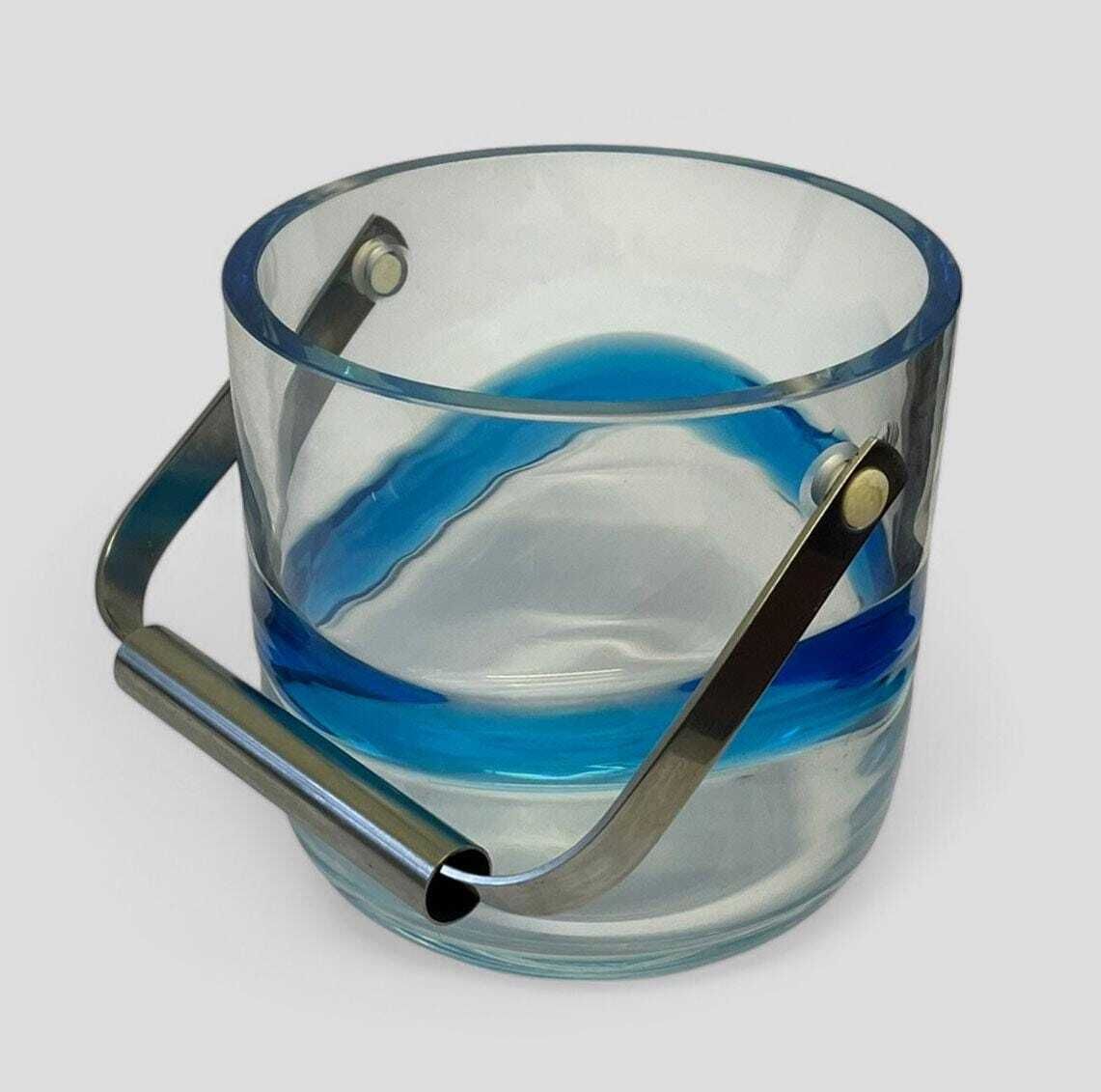 Vintage Mid Century Blue Hour Hand Blown Glass Ice Bucket & Tongs By Holmegaard Denmark photo for sale