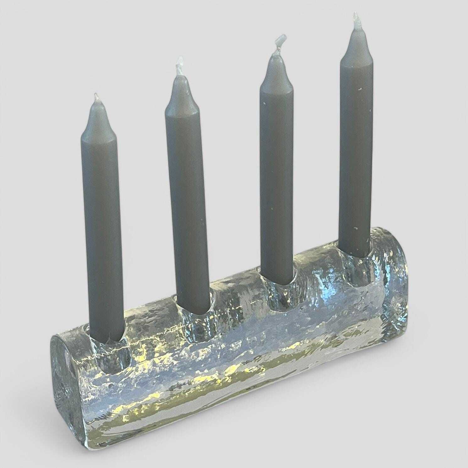 Mid Century Swedish "Carved Ice" Domed Glass 4 Stick Candelabra Candle Holder By Pukeberg Sweden