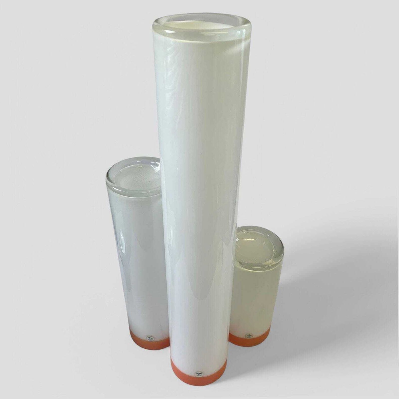 Rare Set Of Three Mid Century White And Orange Glass Cylindrical Vases By Ekenas Sweden photo furniture