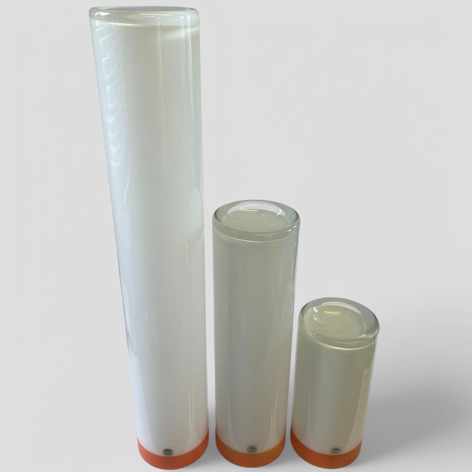 Rare Set Of Three Mid Century White And Orange Glass Cylindrical Vases By Ekenas Sweden photo for sale