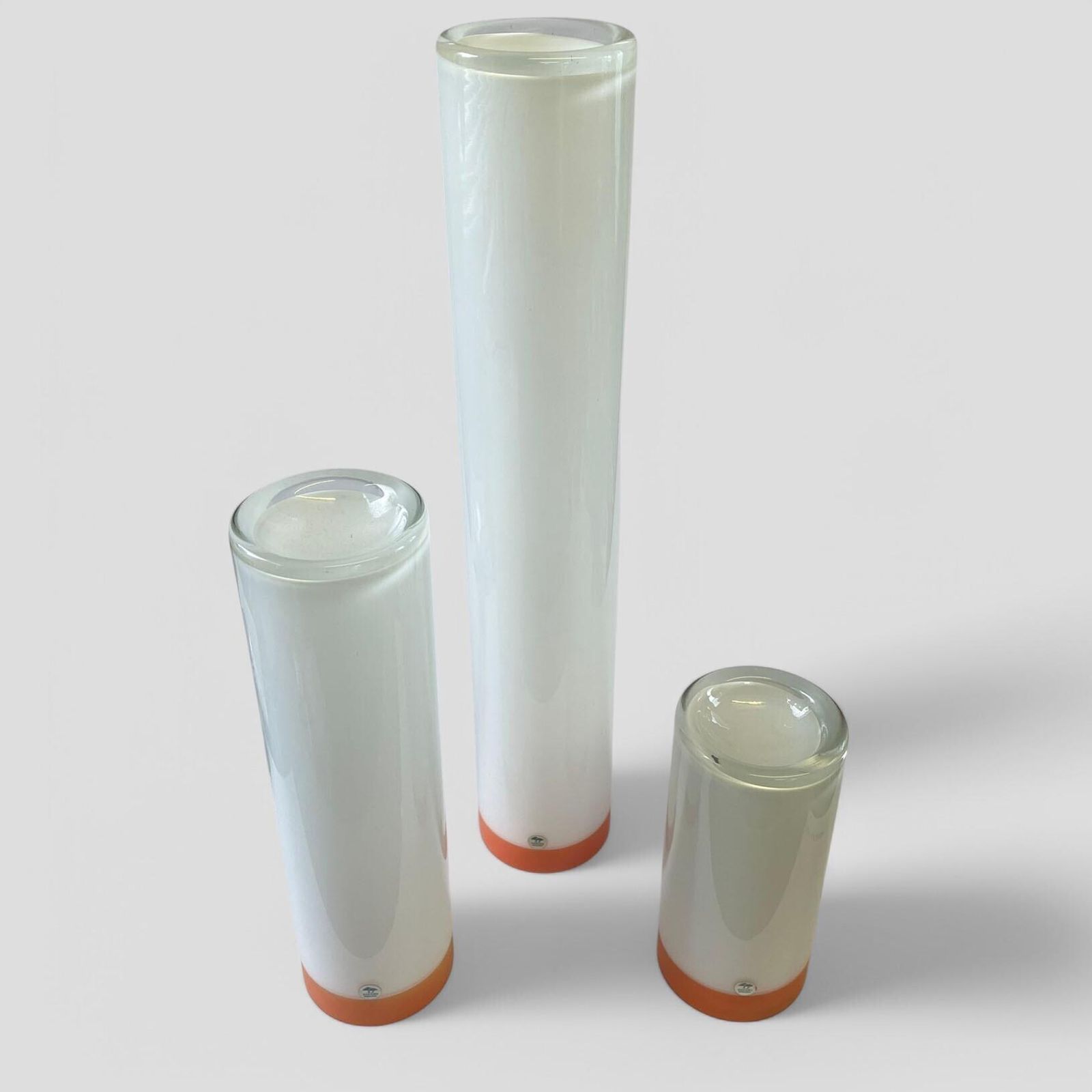 Rare Set Of Three Mid Century White And Orange Glass Cylindrical Vases By Ekenas Sweden photo Home Decor