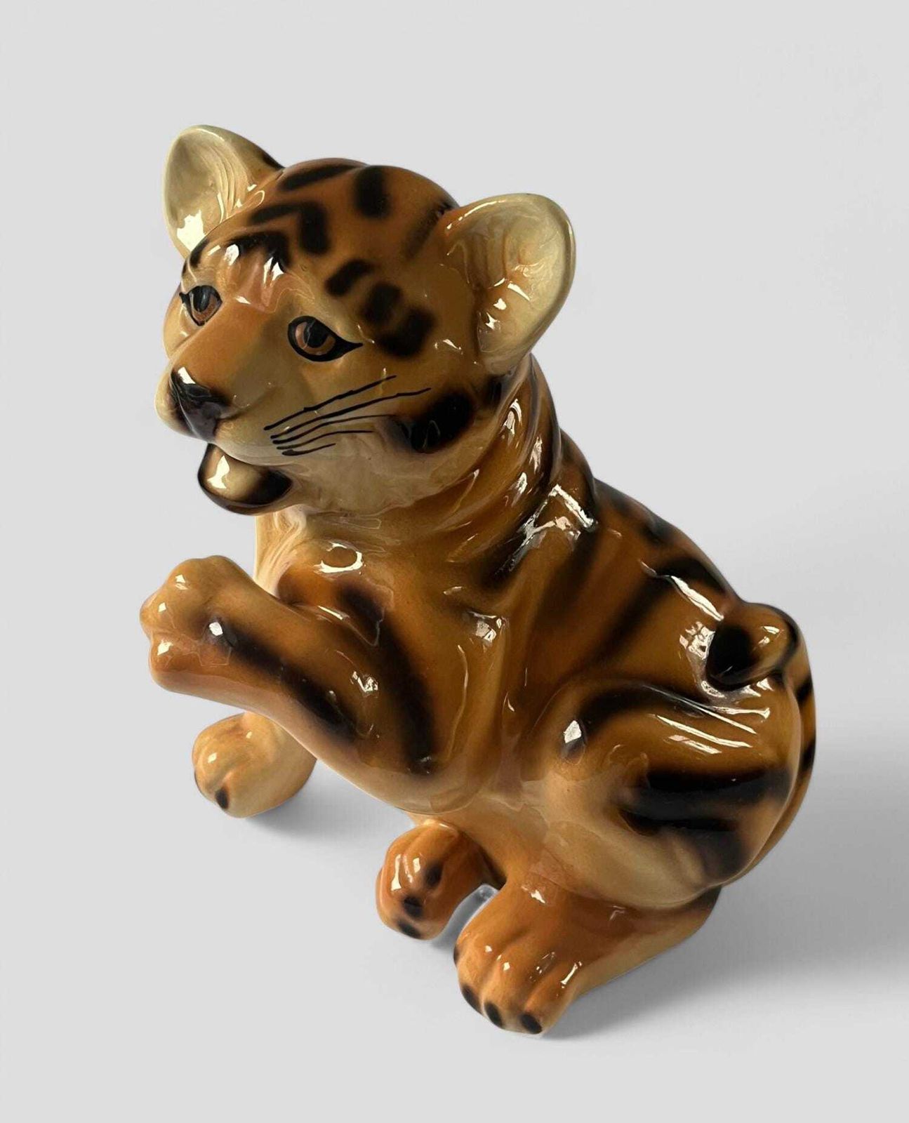 Vintage 1970's Glazed Ceramic Kitsch Tiger Cub Figurine Sculpture photo furniture