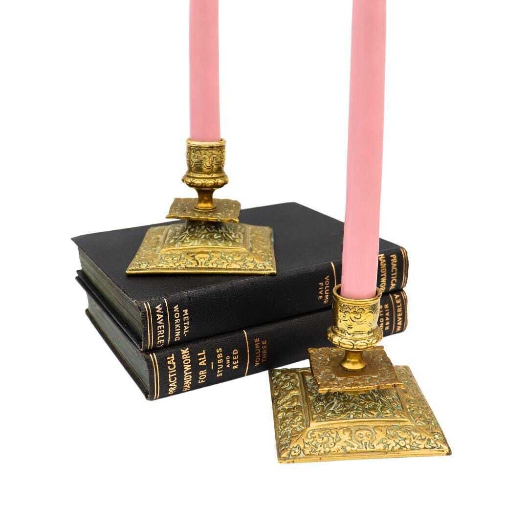 Antique Victorian Brass Candlesticks In The Gothic Revival Style, Ornate Brass Candle Holders photo vinterior