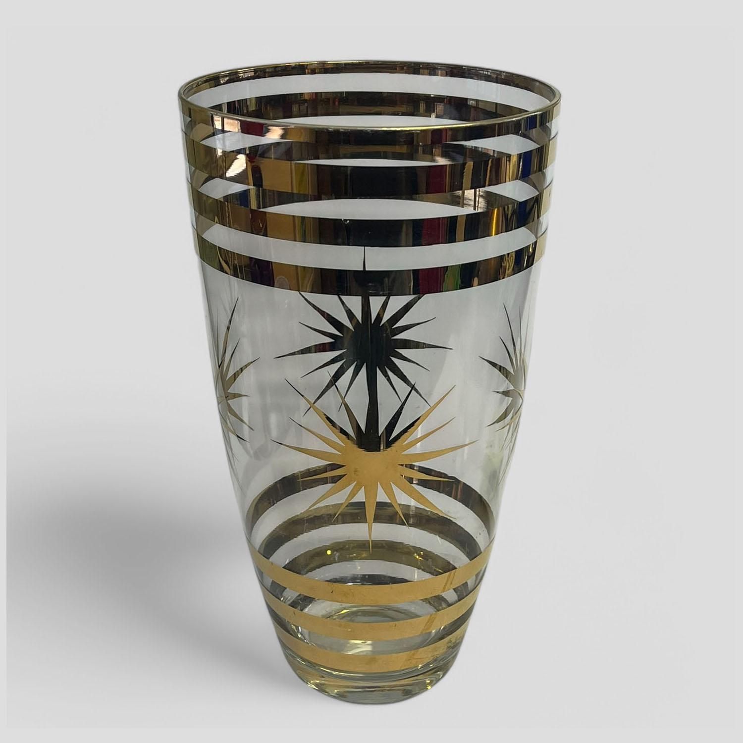 Large Mid Century Gilt Star & Banded Clear Glass Vase