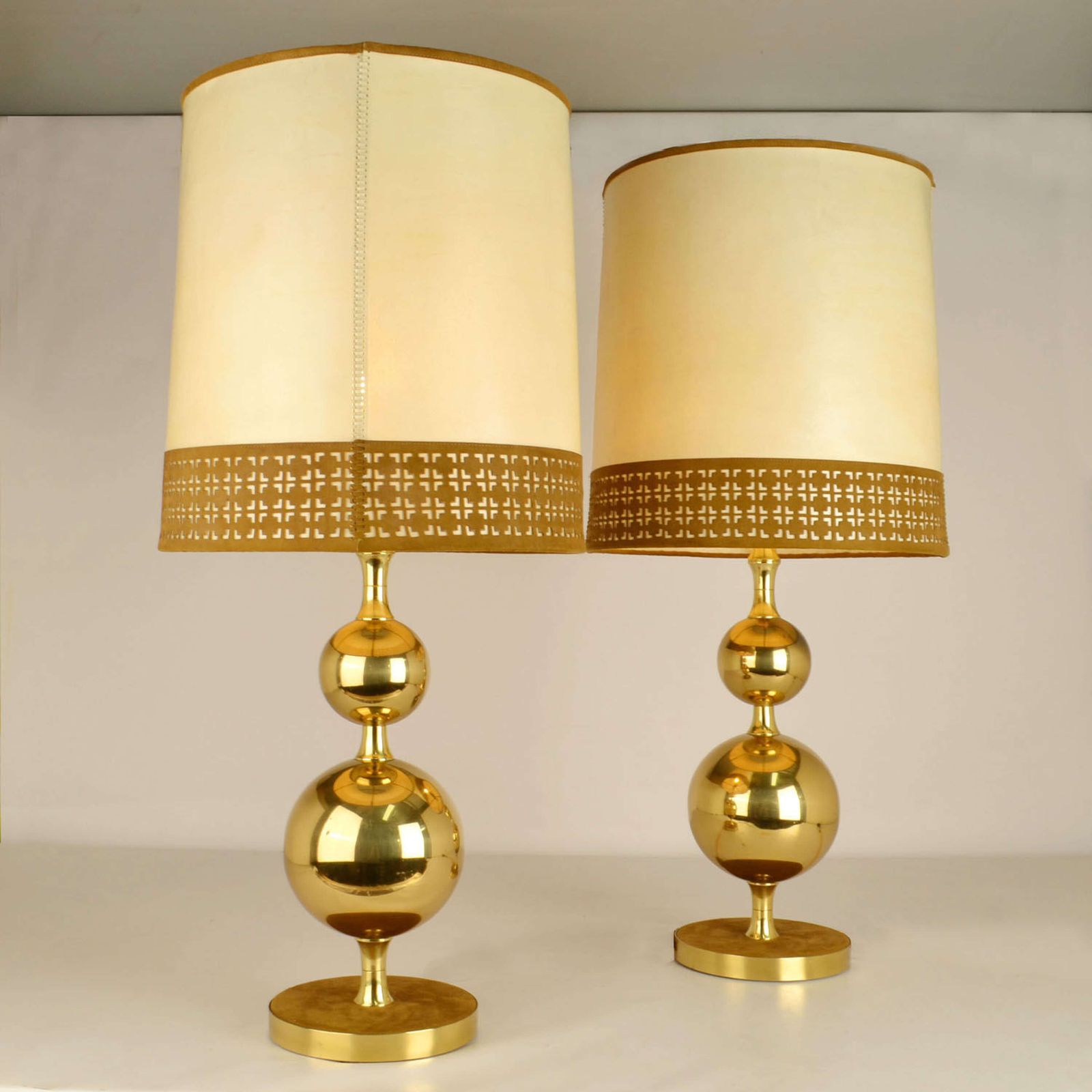 Pair Of Parchment Leather Shades Table Lamps On Brass Bases 1970's photo 2800.0