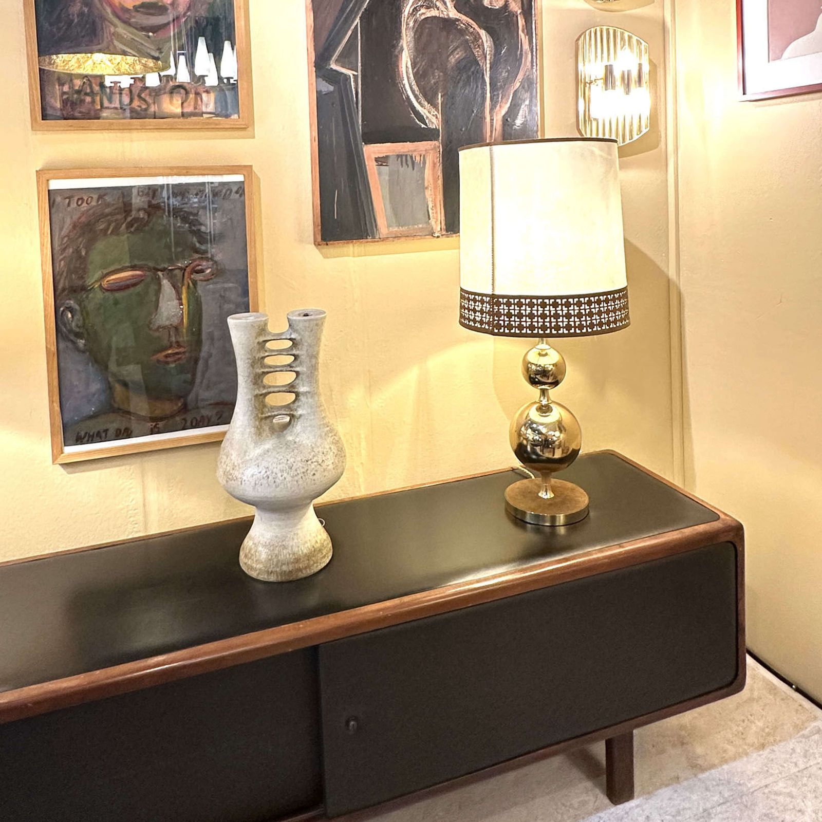photo furniture Pair Of Parchment Leather Shades Table Lamps On Brass Bases 1970's