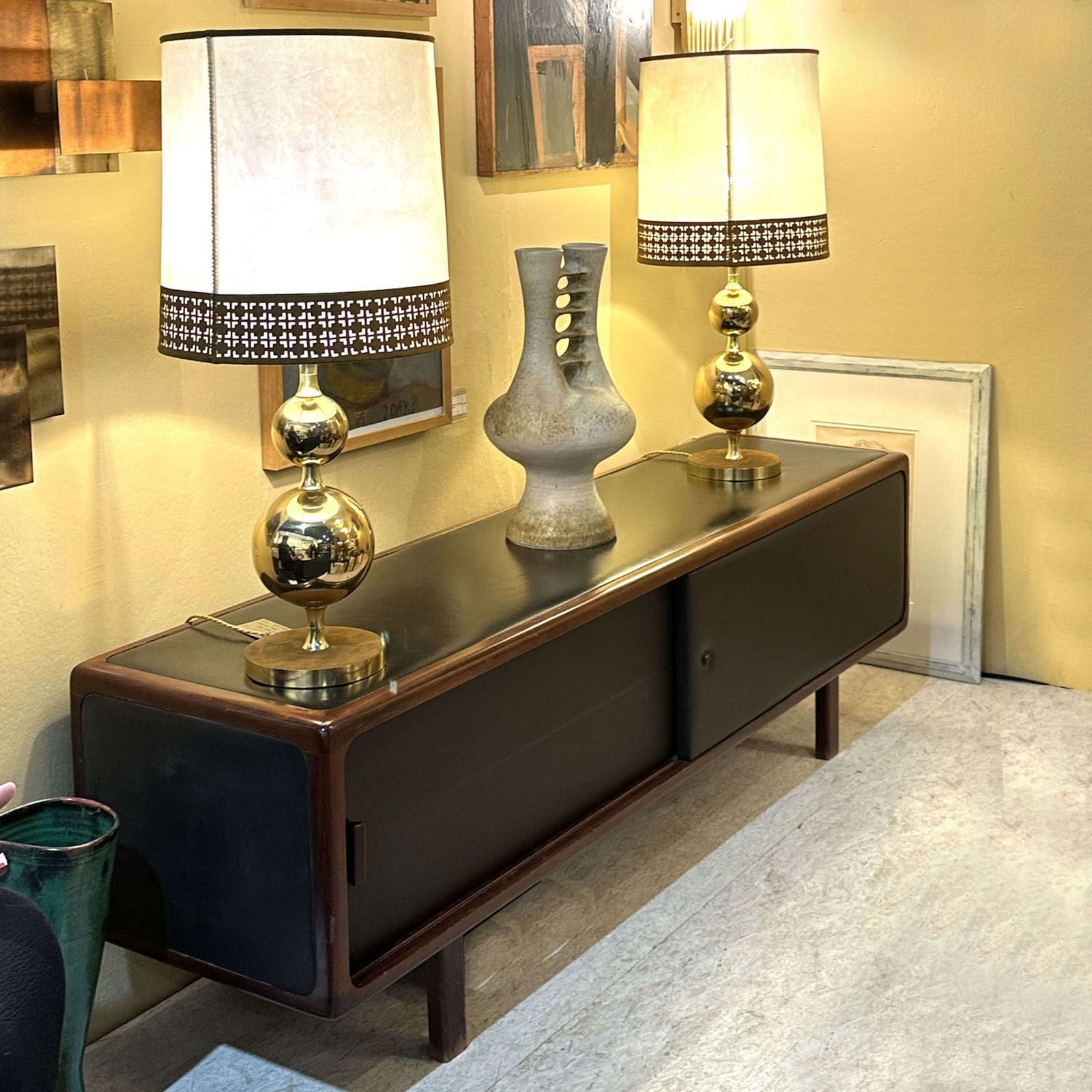 photo for sale Pair Of Parchment Leather Shades Table Lamps On Brass Bases 1970's