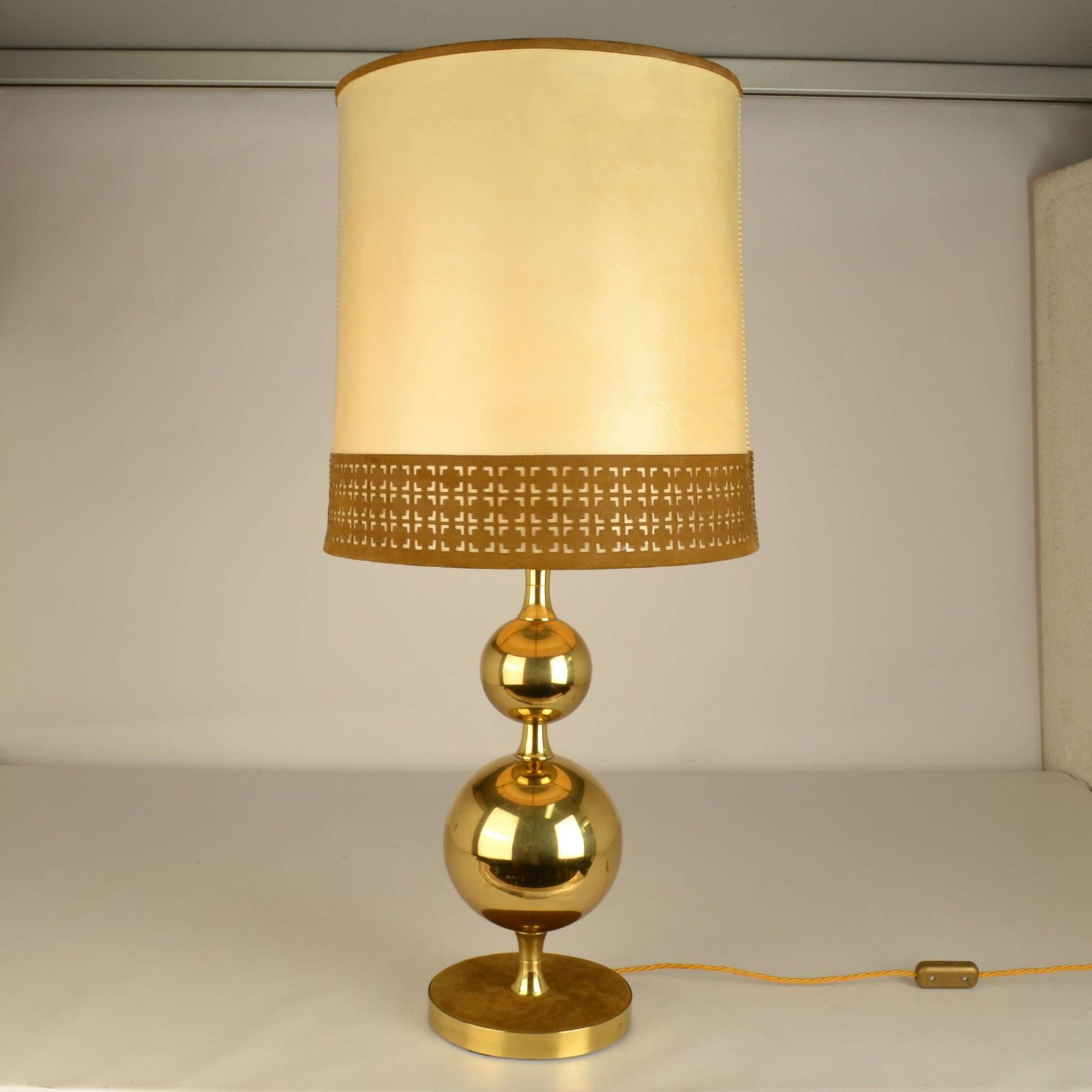 2800.0 Pair Of Parchment Leather Shades Table Lamps On Brass Bases 1970's photo