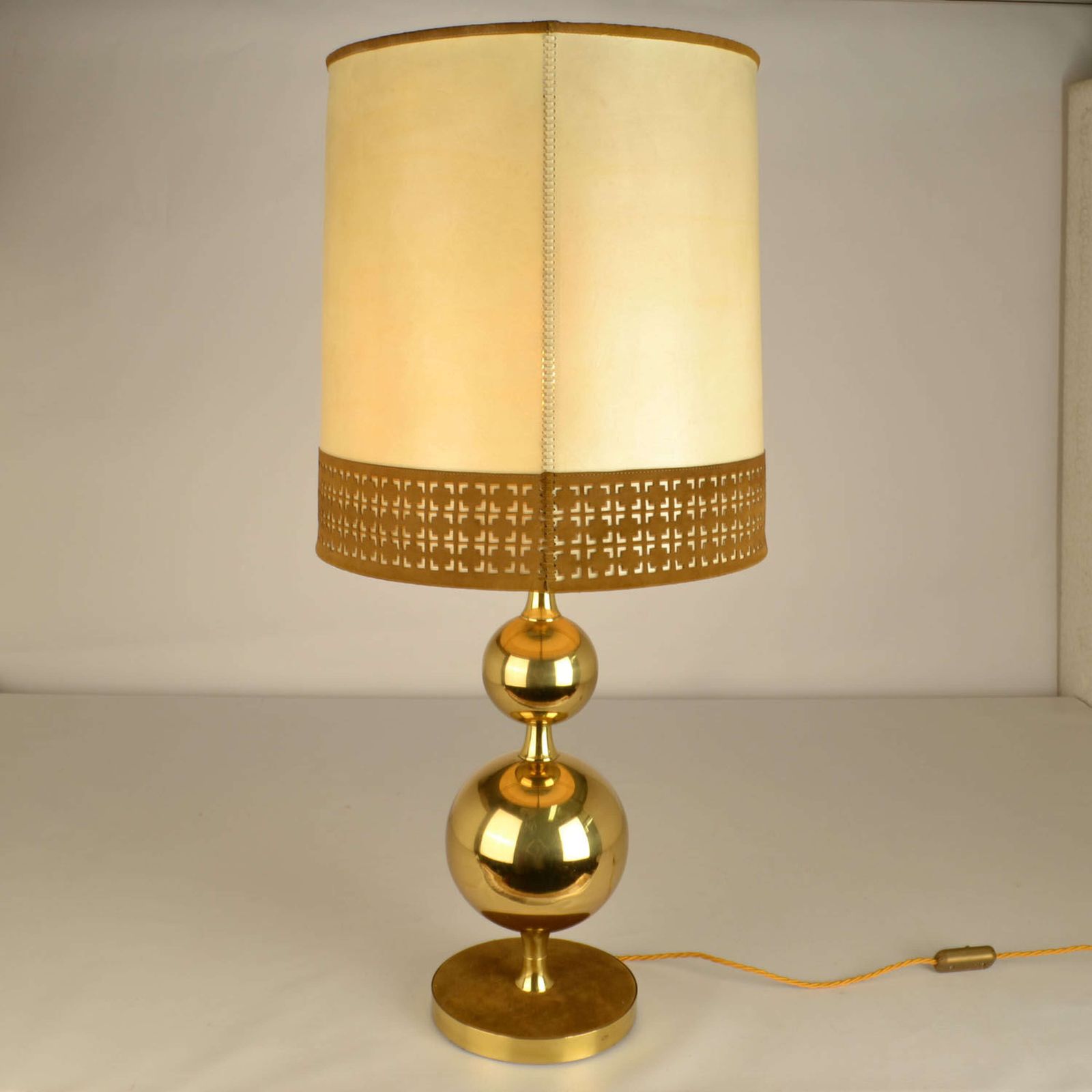 photo vinterior Pair Of Parchment Leather Shades Table Lamps On Brass Bases 1970's
