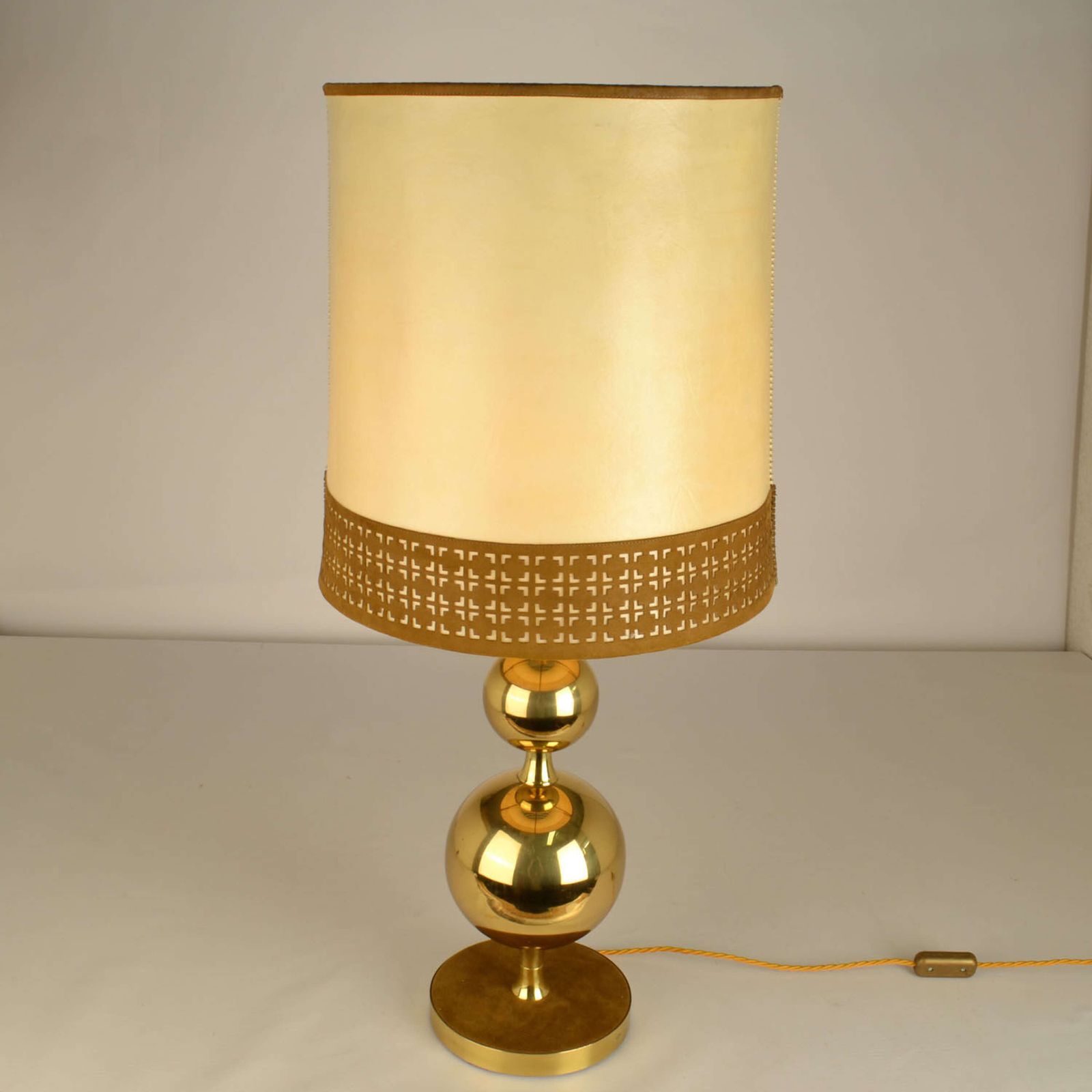 photo buy Pair Of Parchment Leather Shades Table Lamps On Brass Bases 1970's