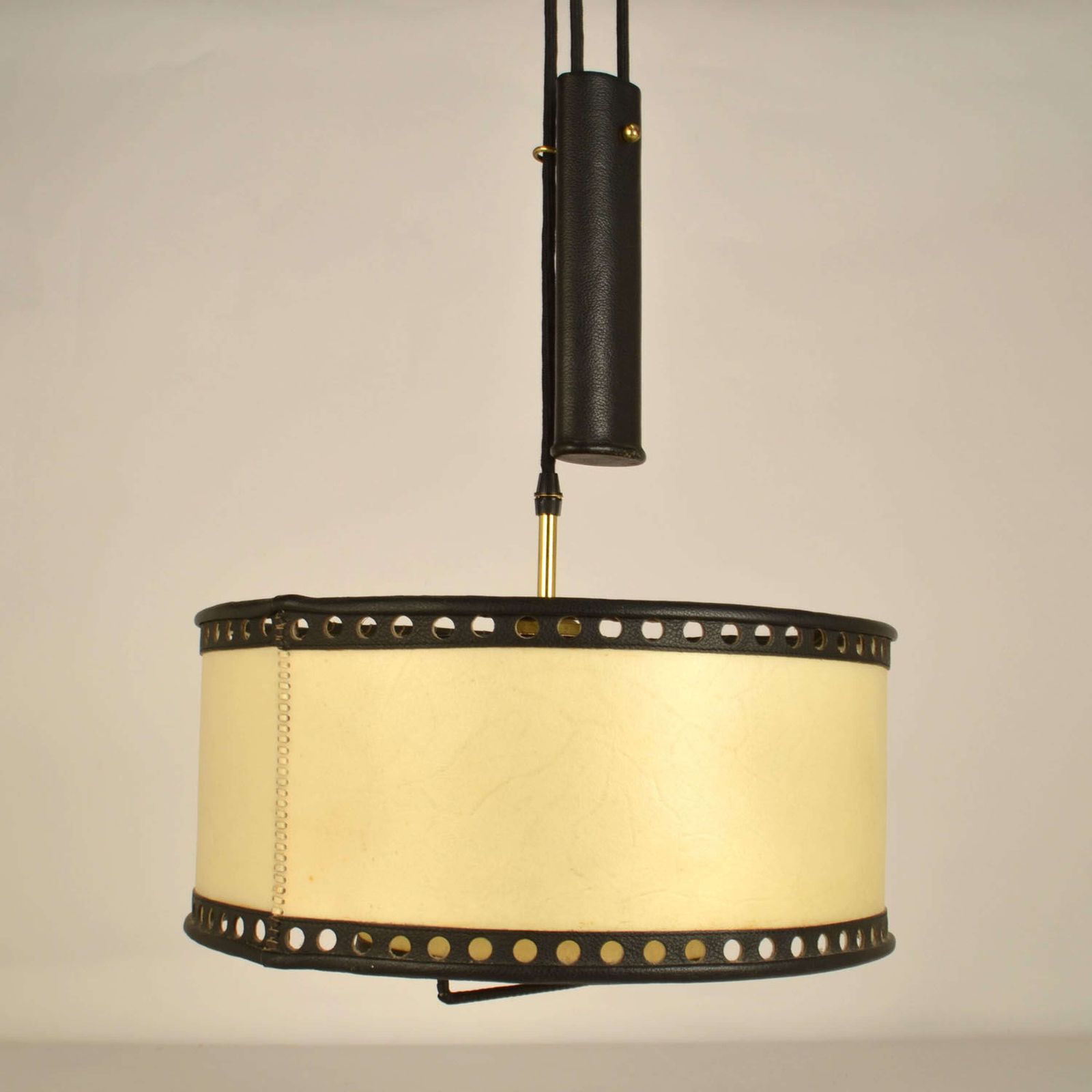 Counterbalance Pendant Lamp 1960's In Parchment And Black Leather photo Lighting