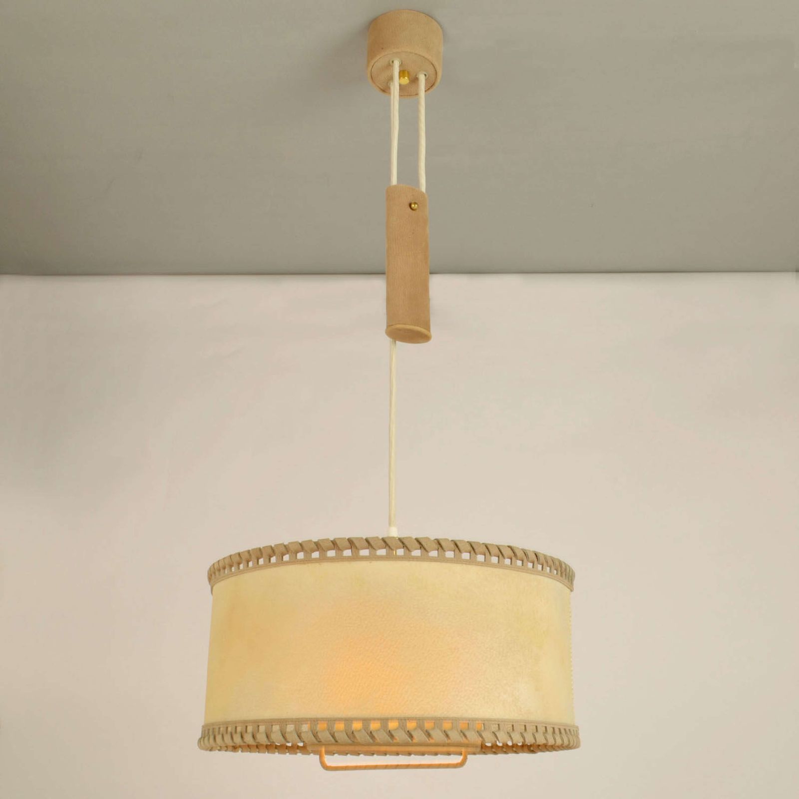 Counterbalance Pendant Lamp 1960's In Parchment And Beige Leather photo furniture
