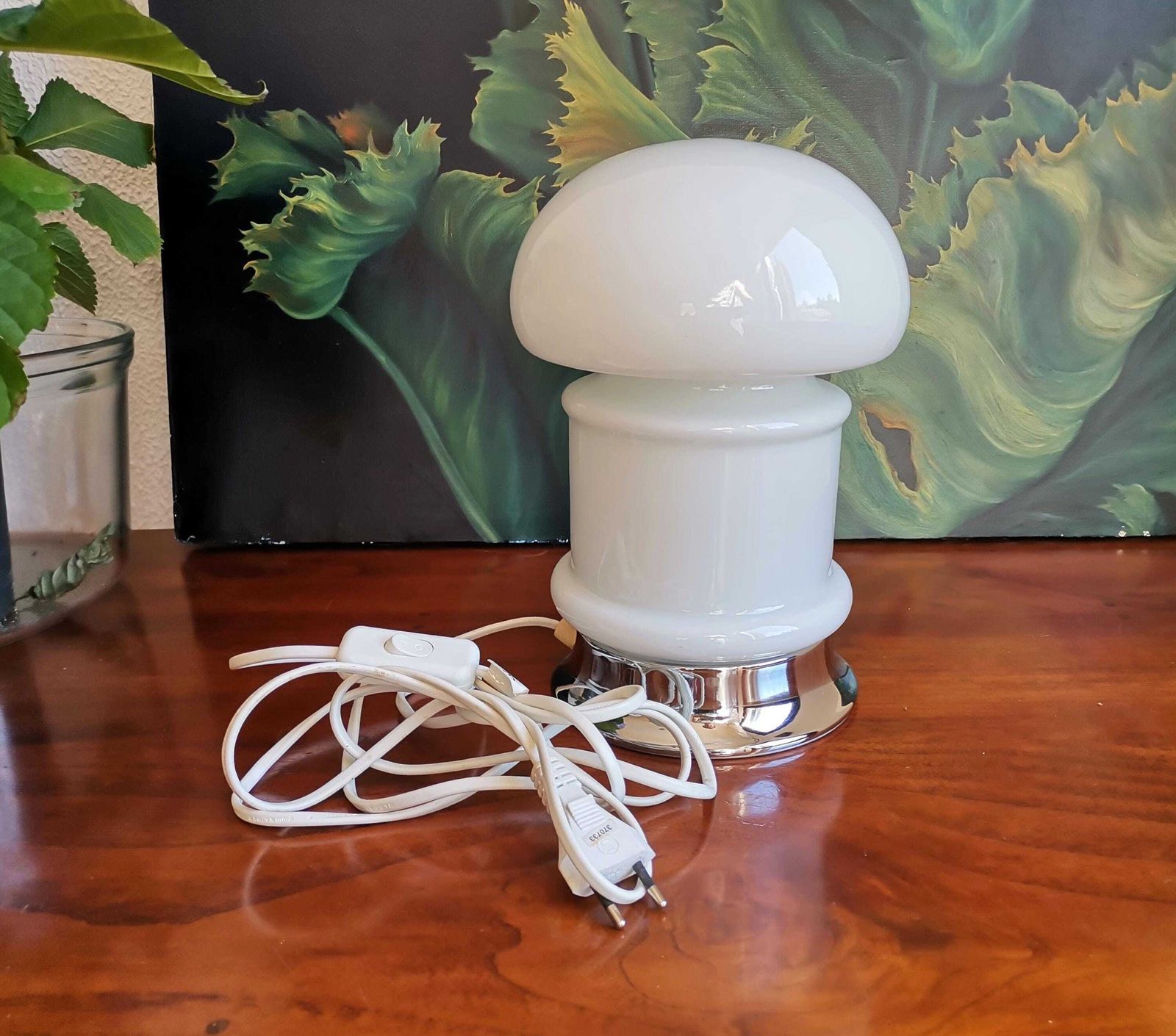 Opaline Glass Space Age Bedside Lamp / Mushroom Table Lamp / 60s 70s Yugoslavia photo Lighting